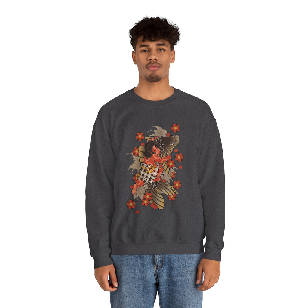 Kintaro The Golden Boy with Koi and Cherry Blossoms Crewneck Sweatshirt