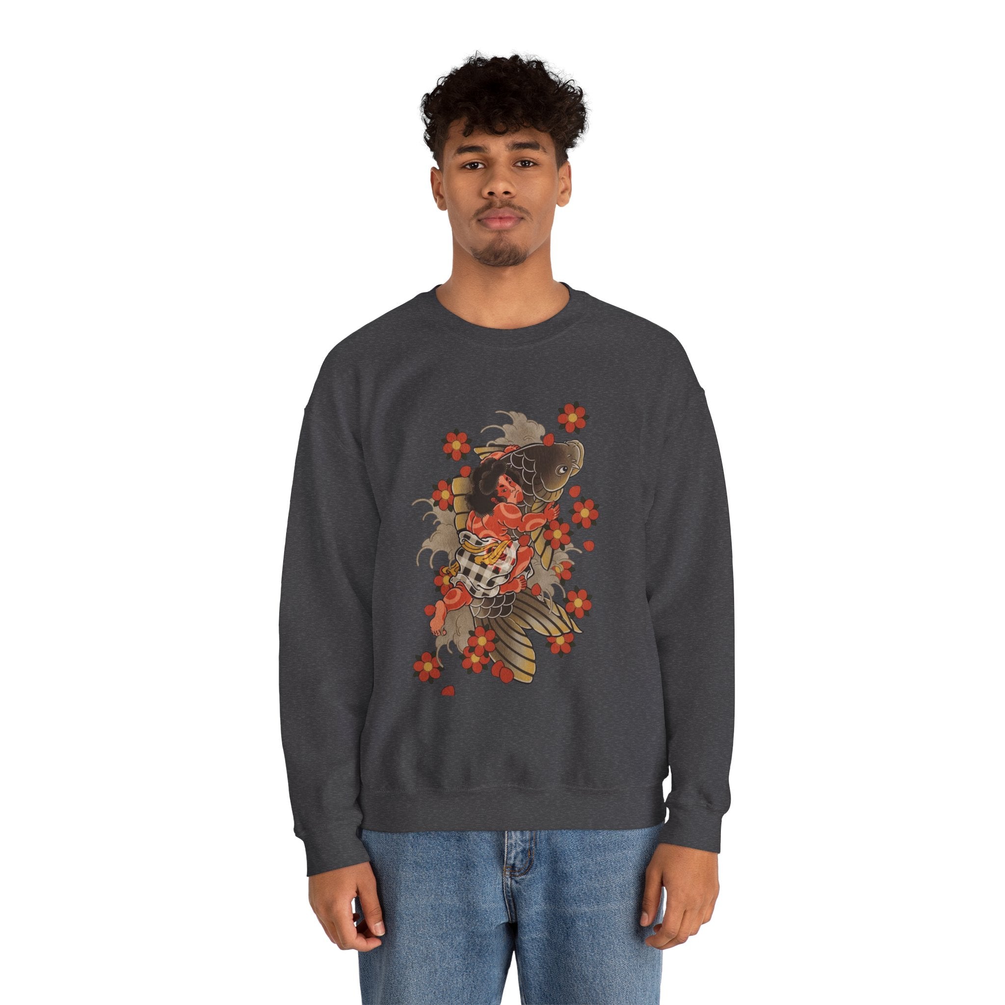 Kintaro The Golden Boy with Koi and Cherry Blossoms Crewneck Sweatshirt
