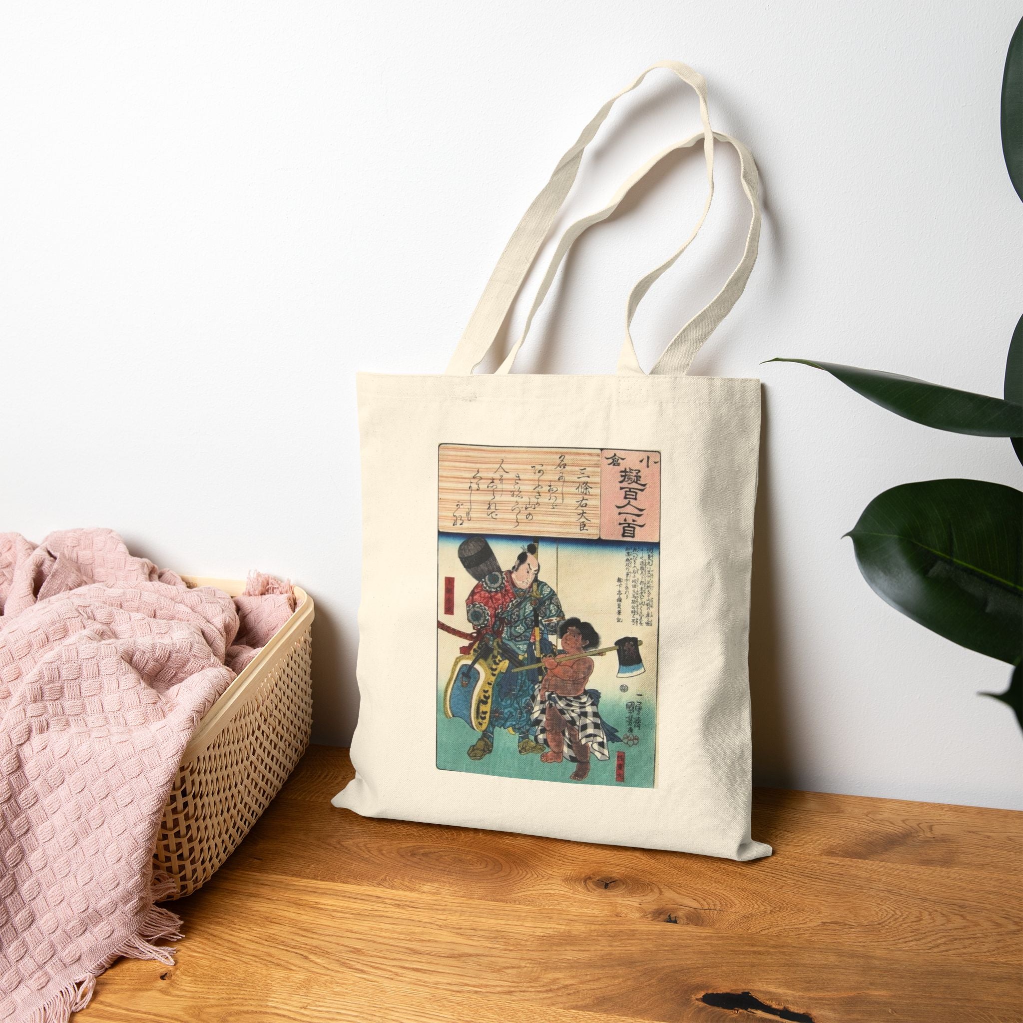 Kintaro and Samurai Print Cotton Tote Bag (One Sided)