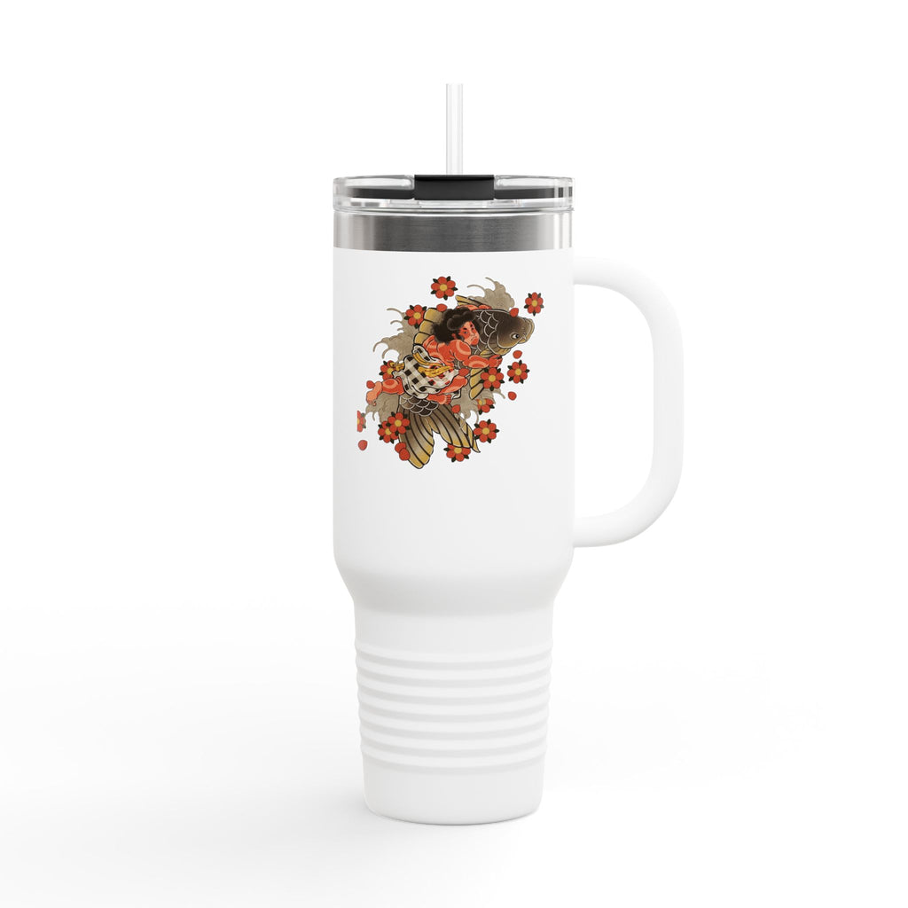 Kintaro with Koi and Cherry Blossoms — 40oz Insulated Travel Mug Tumbler with Handle