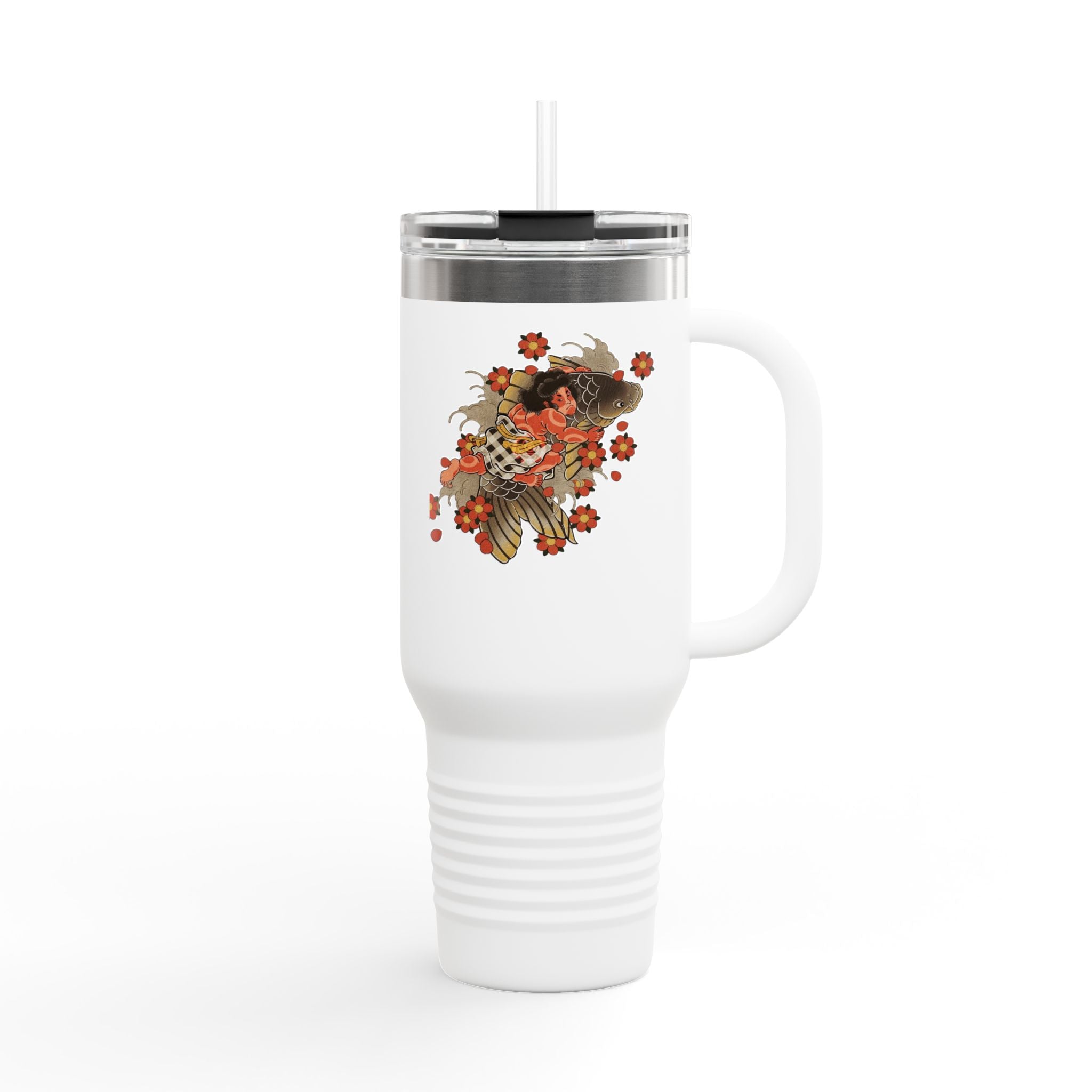 Kintaro with Koi and Cherry Blossoms — 40oz Insulated Travel Mug Tumbler with Handle
