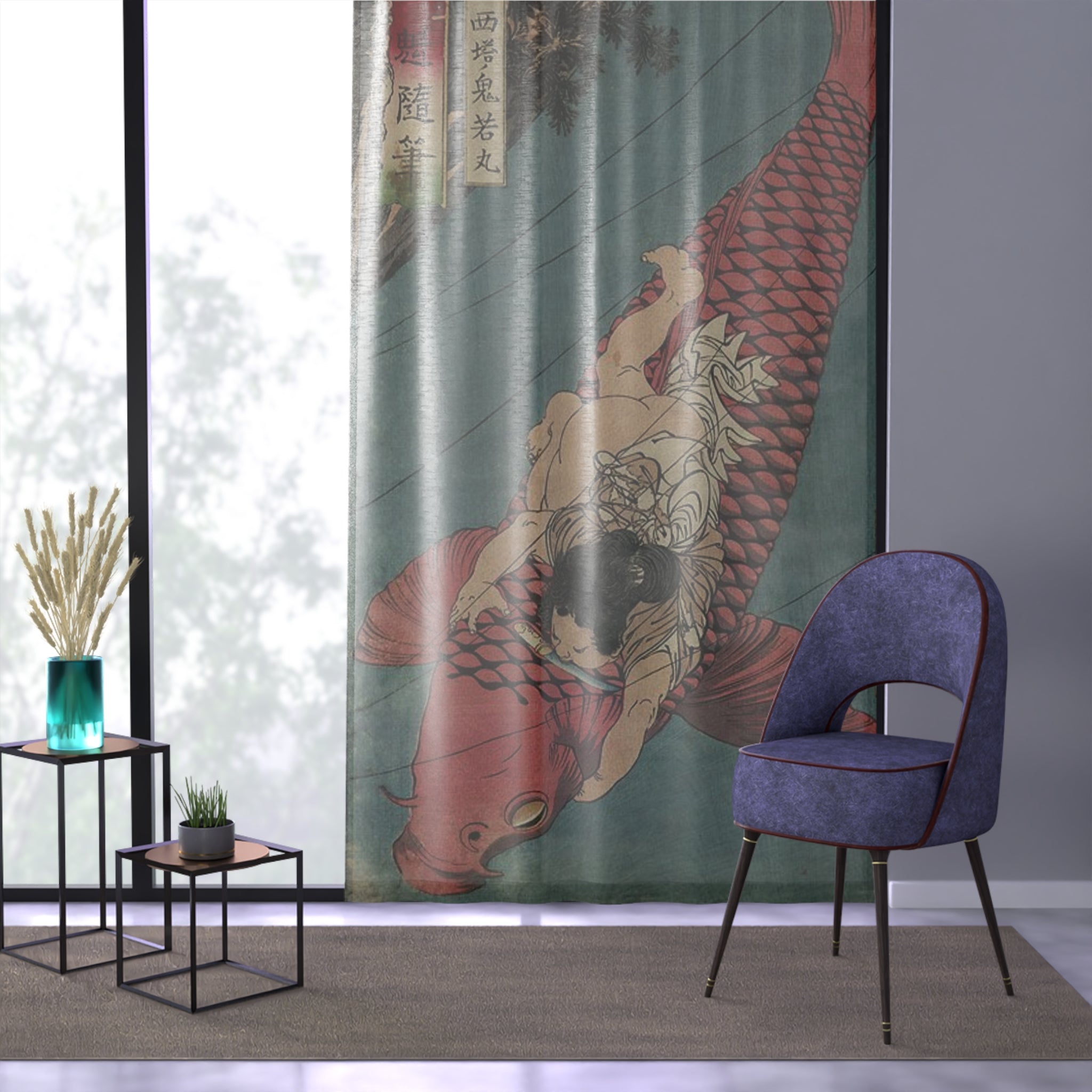 Koi Carp Illustration Window Curtain | Japanese Ukiyo-e Fish Art