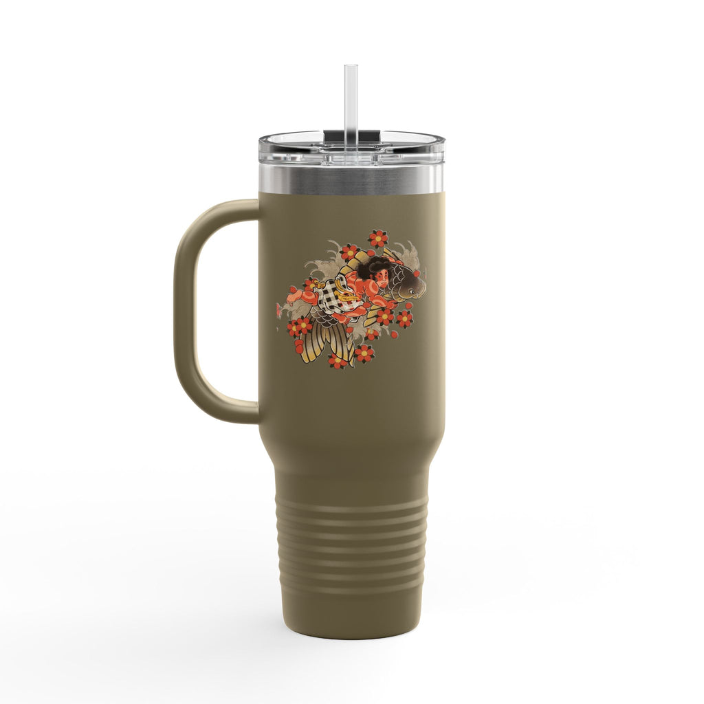 Kintaro with Koi and Cherry Blossoms — 40oz Insulated Travel Mug Tumbler with Handle (Right Handed)