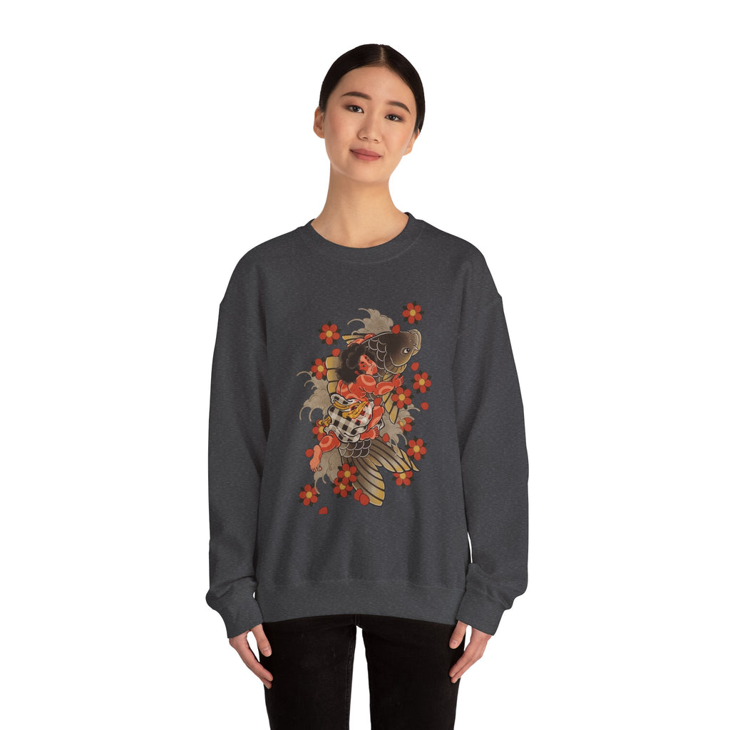 Kintaro The Golden Boy with Koi and Cherry Blossoms Crewneck Sweatshirt