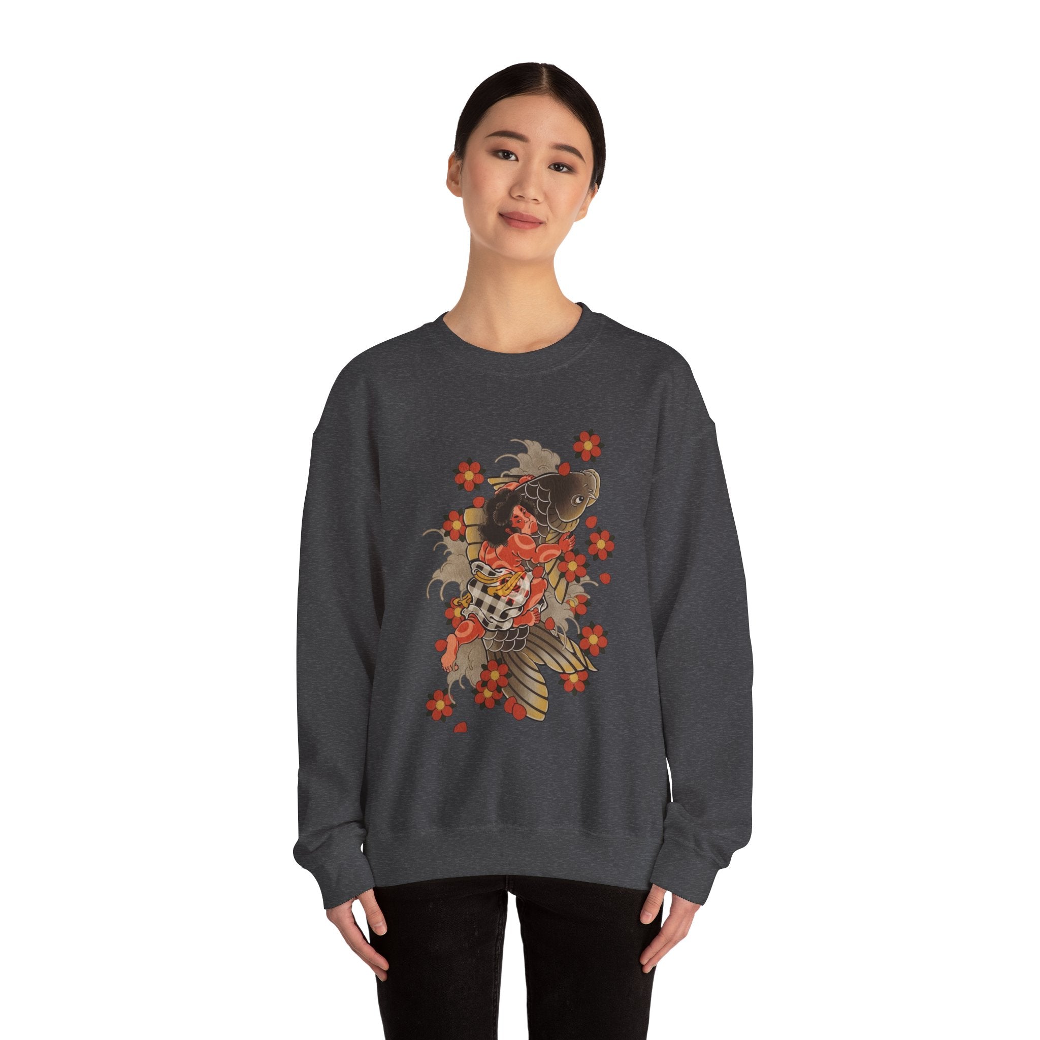 Kintaro The Golden Boy with Koi and Cherry Blossoms Crewneck Sweatshirt