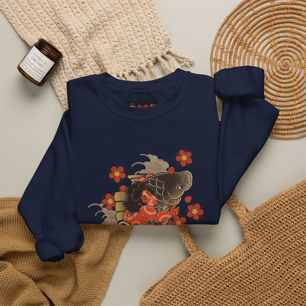 Kintaro The Golden Boy with Koi and Cherry Blossoms Crewneck Sweatshirt