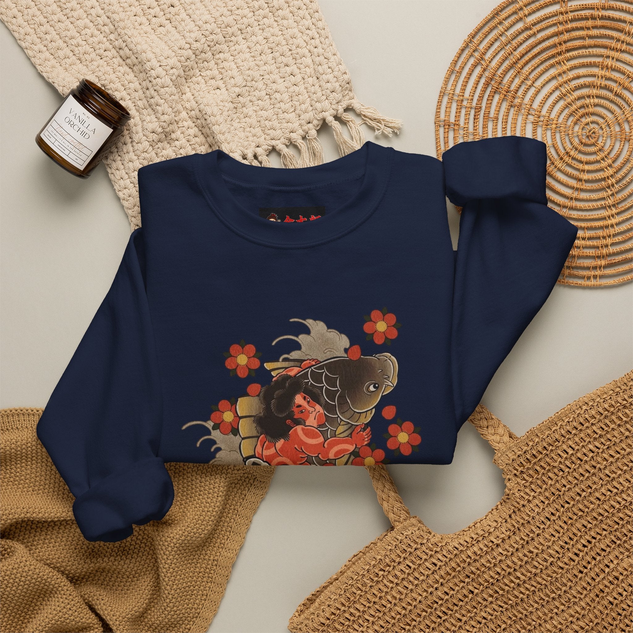 Kintaro The Golden Boy with Koi and Cherry Blossoms Crewneck Sweatshirt