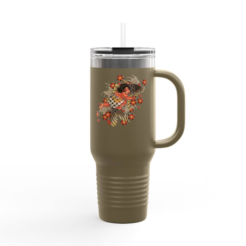 Kintaro with Koi and Cherry Blossoms — 40oz Insulated Travel Mug Tumbler with Handle