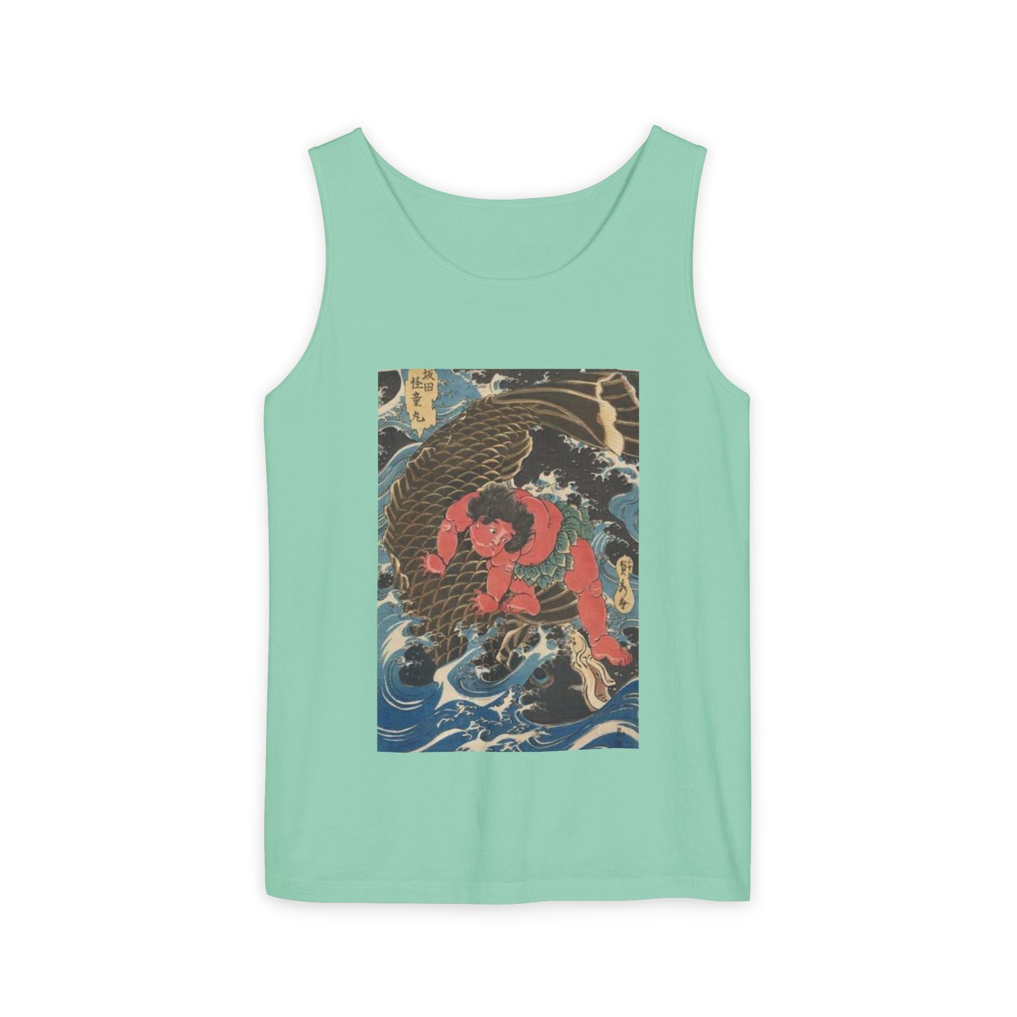 Unisex Garment-Dyed Tank Top with Kintaro the Golden Boy Fighting Koi Print