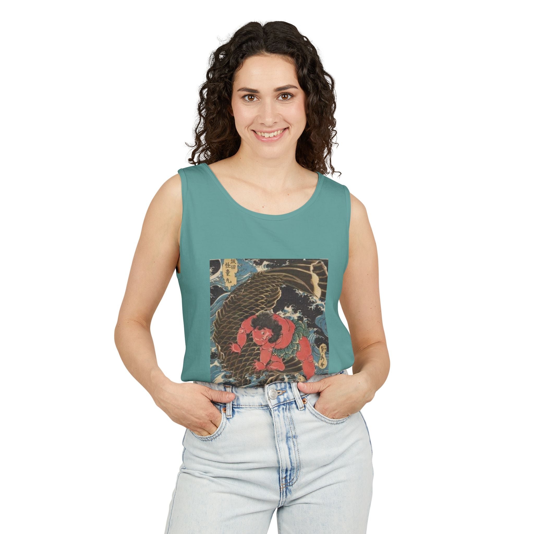 Unisex Garment-Dyed Tank Top with Kintaro the Golden Boy Fighting Koi Print