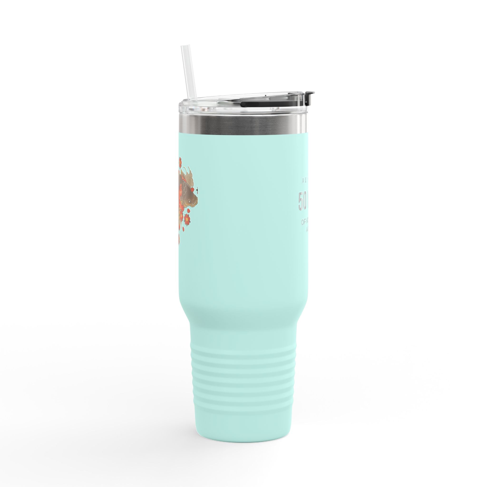 Kintaro with Koi and Cherry Blossoms — 40oz Insulated Travel Mug Tumbler with Handle (Right Handed)