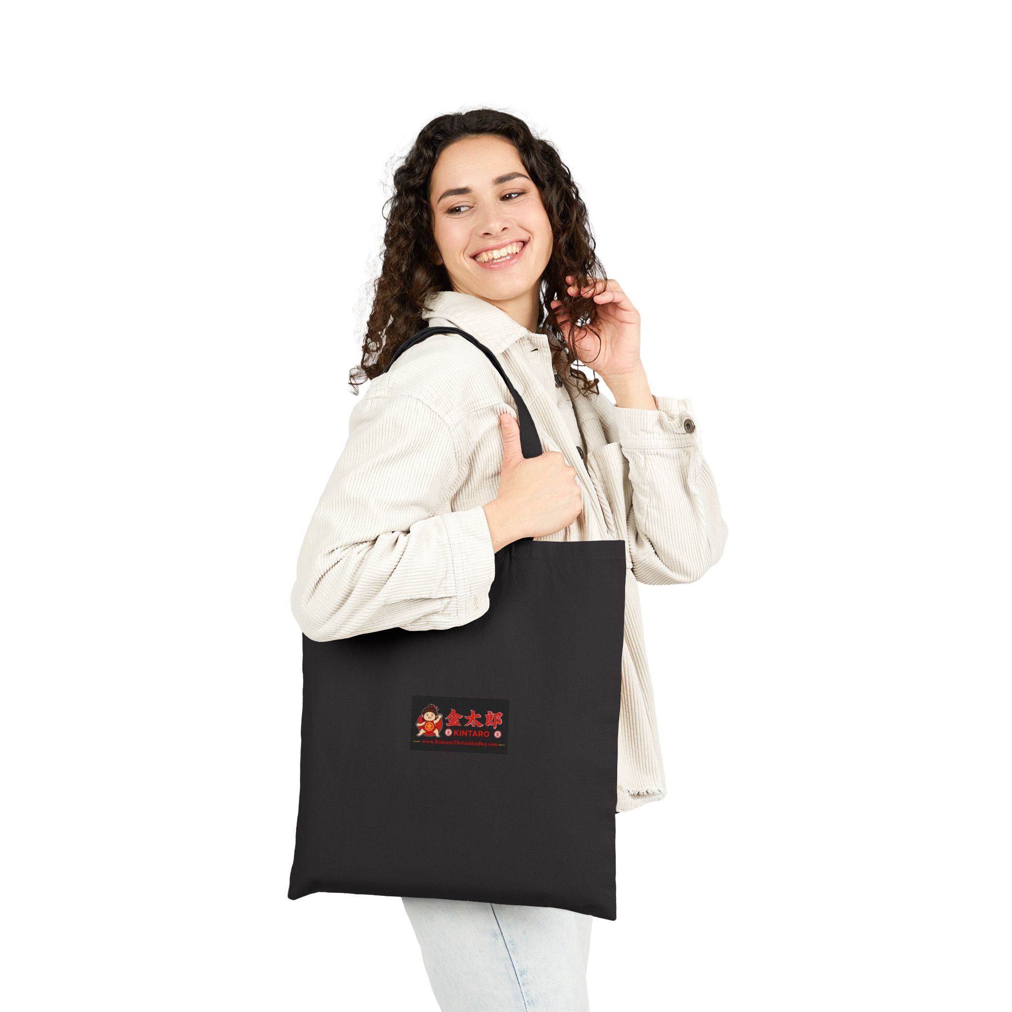 Kintaro Riding Red Koi on Black Canvas Tote Bag