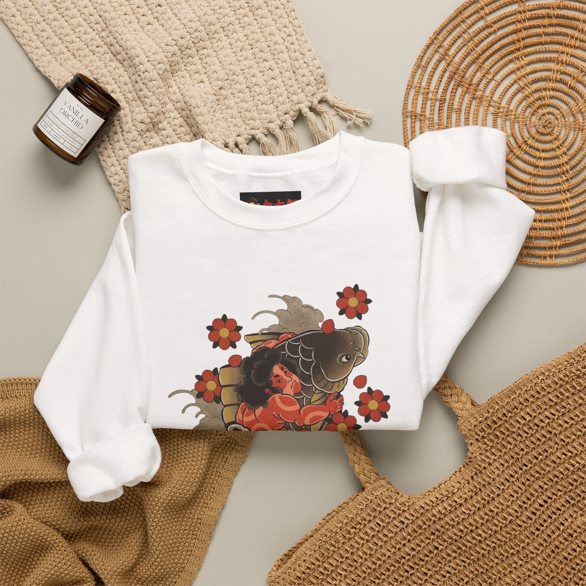 Kintaro The Golden Boy with Koi and Cherry Blossoms Crewneck Sweatshirt
