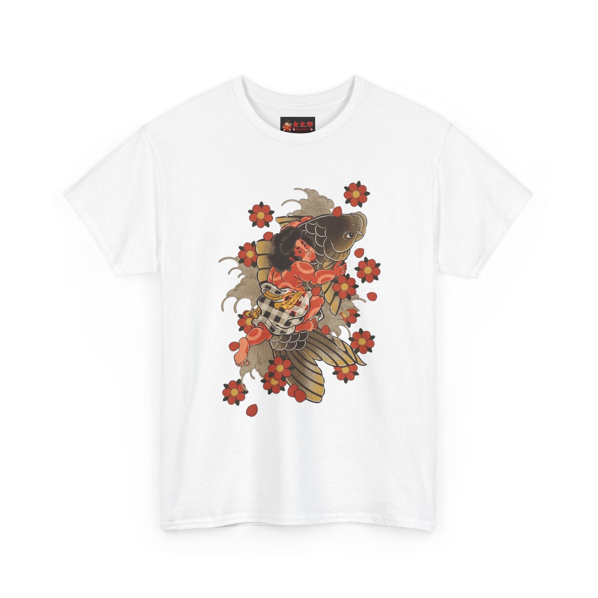 Kintaro The Golden Boy with Koi and Cherry Blossoms Printed T-Shirt