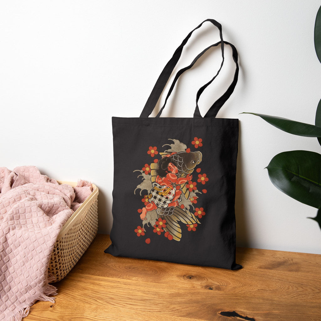 Kintaro with Koi and Cherry  Blossoms Canvas Tote  Market Bag