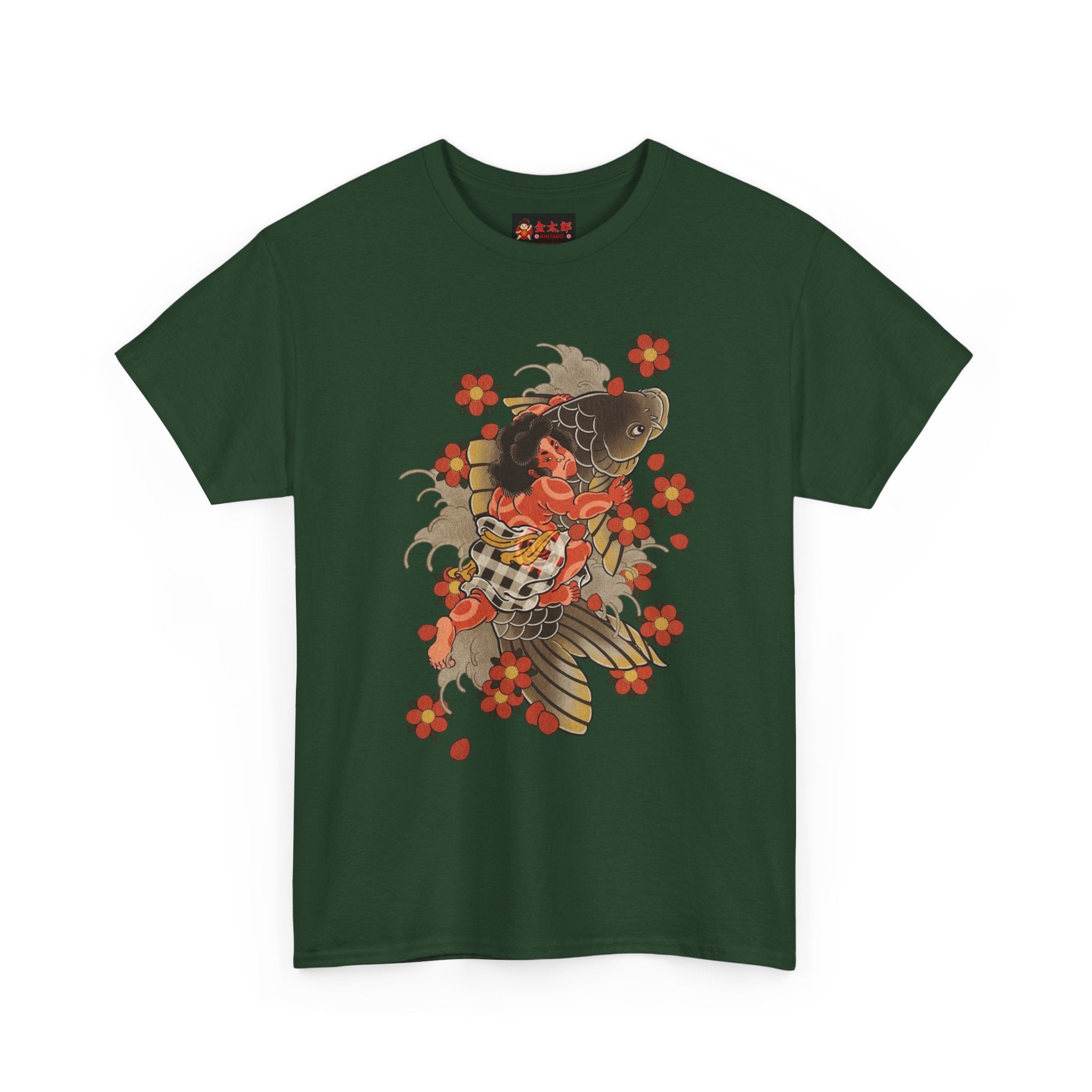 Kintaro The Golden Boy with Koi and Cherry Blossoms Printed T-Shirt