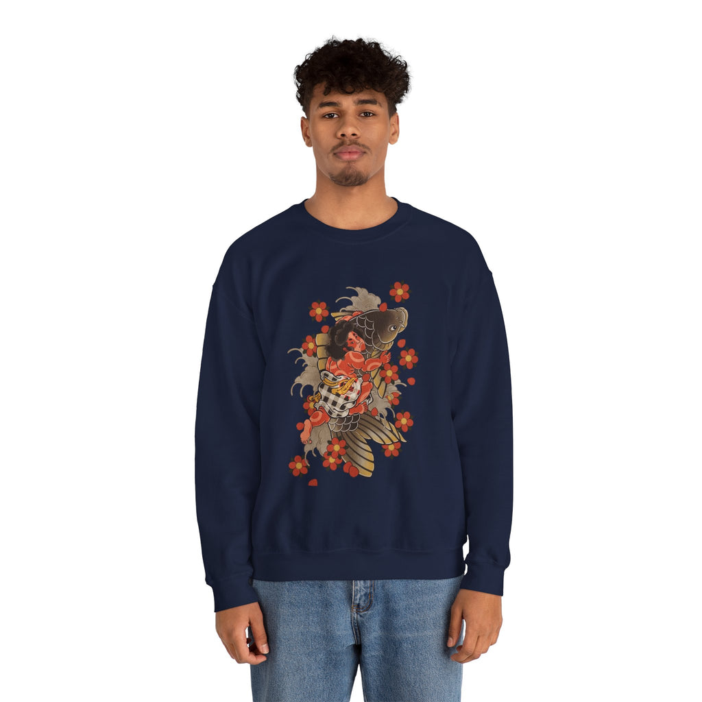 Kintaro The Golden Boy with Koi and Cherry Blossoms Crewneck Sweatshirt