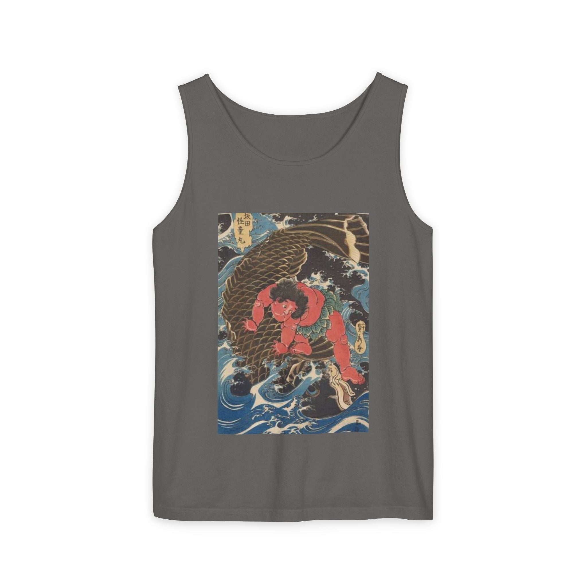 Unisex Garment-Dyed Tank Top with Kintaro the Golden Boy Fighting Koi Print