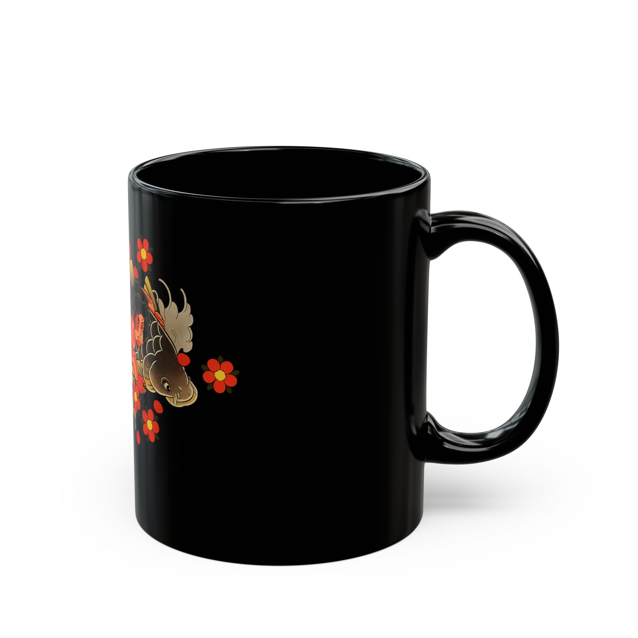 Kintaro and Koi with Cherry Blossoms Black Ceramic Mug (11oz/15oz)