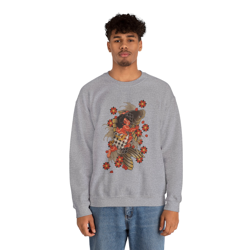 Kintaro The Golden Boy with Koi and Cherry Blossoms Crewneck Sweatshirt