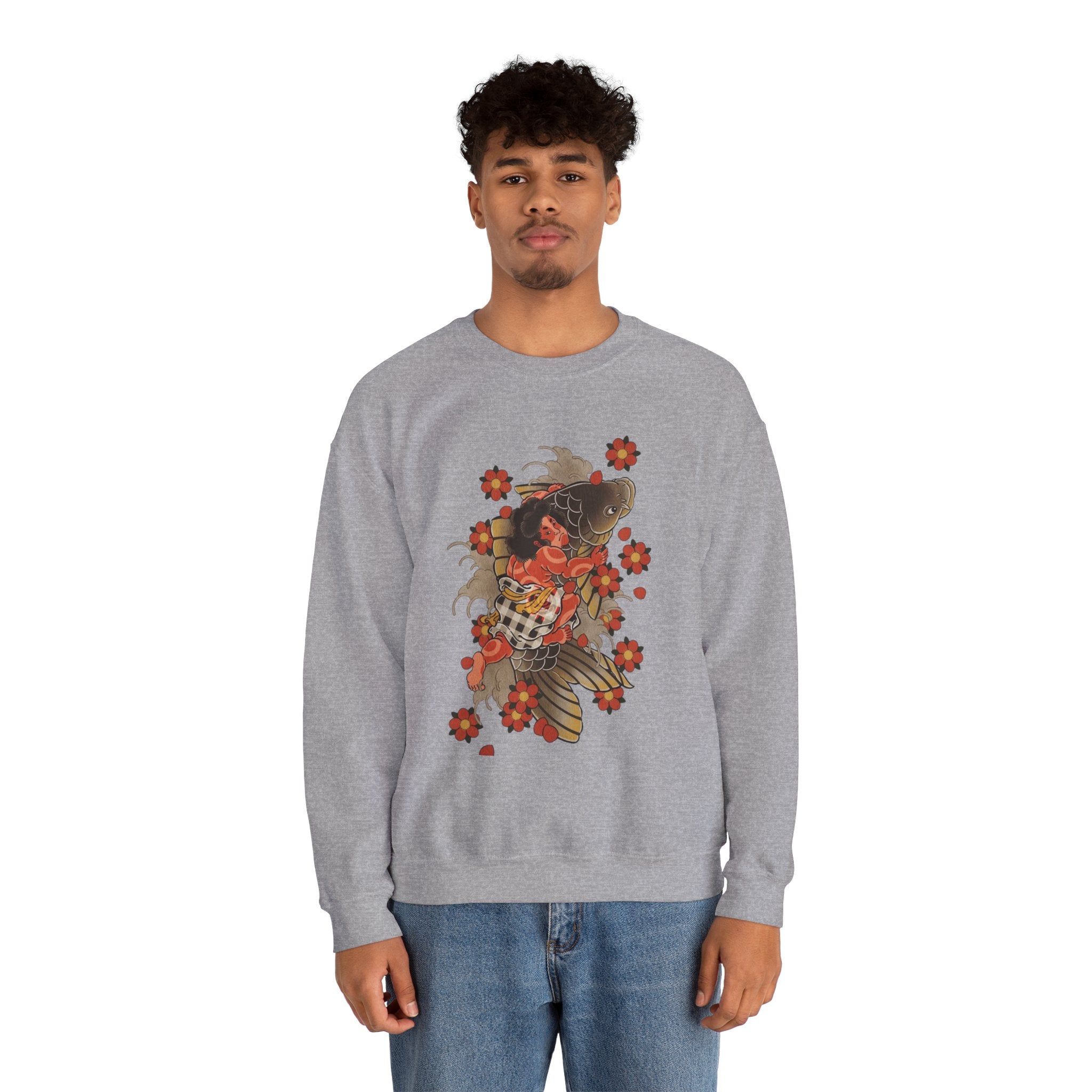 Kintaro The Golden Boy with Koi and Cherry Blossoms Crewneck Sweatshirt
