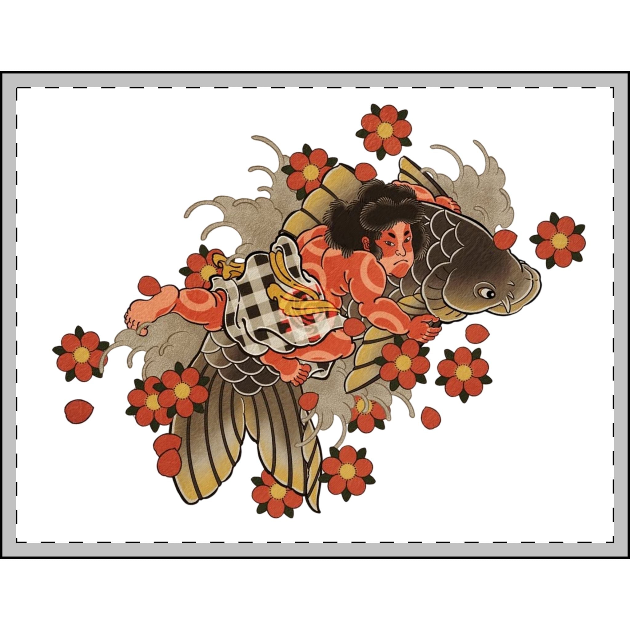 Kintaro Riding Koi with Cherry Blossoms Velveteen Plush Blanket — Cozy Throw