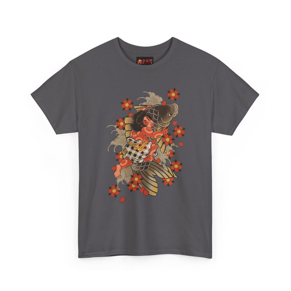 Kintaro The Golden Boy with Koi and Cherry Blossoms Printed T-Shirt
