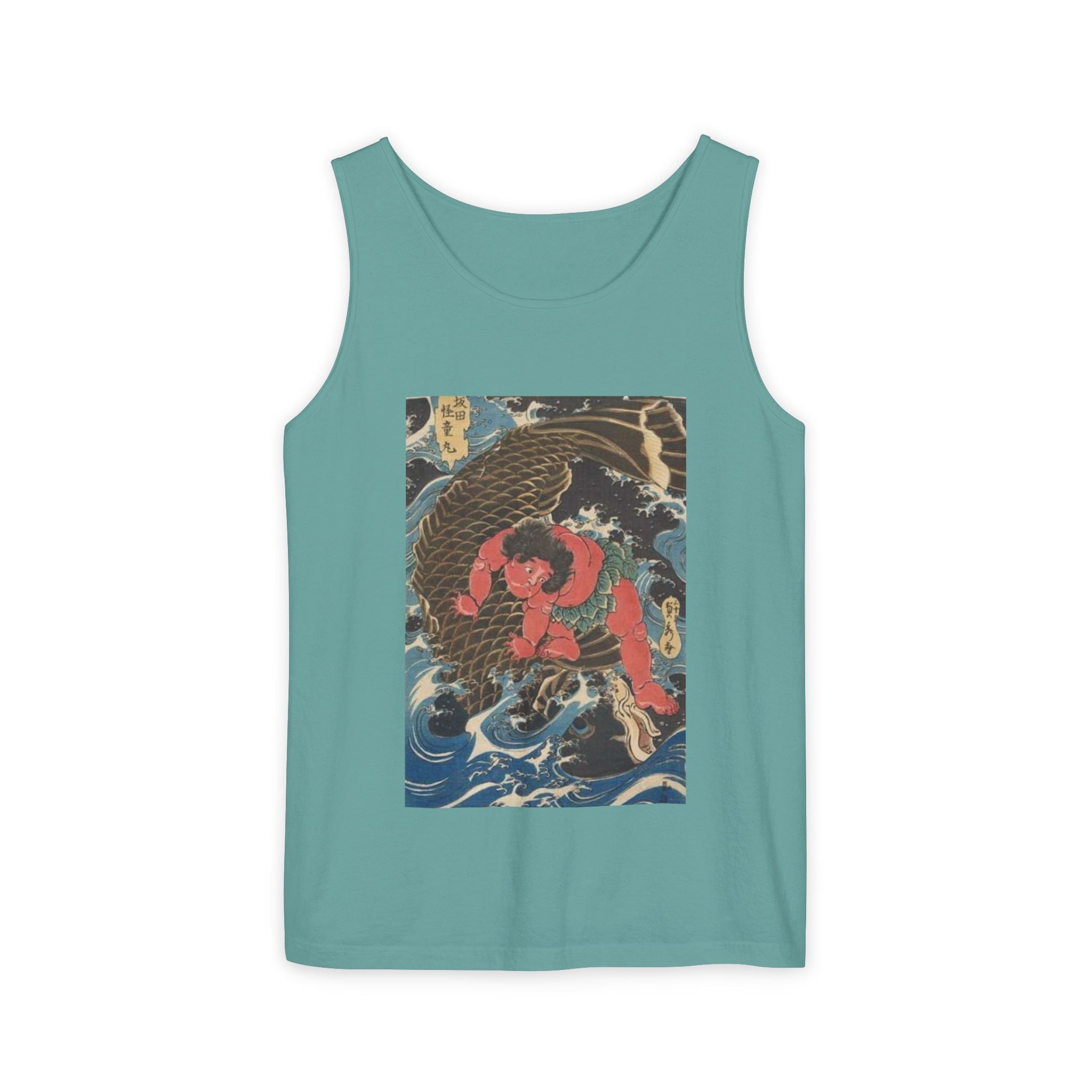 Unisex Garment-Dyed Tank Top with Kintaro the Golden Boy Fighting Koi Print