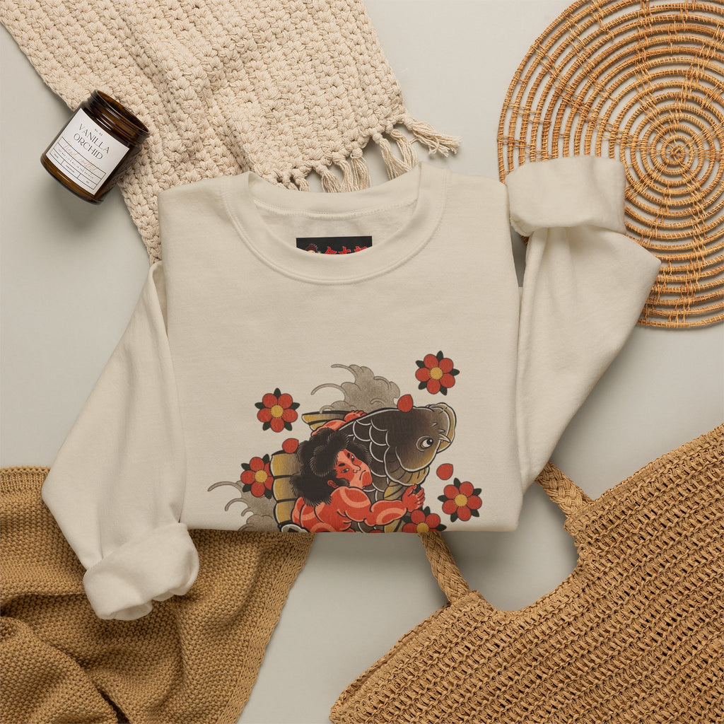Kintaro The Golden Boy with Koi and Cherry Blossoms Crewneck Sweatshirt