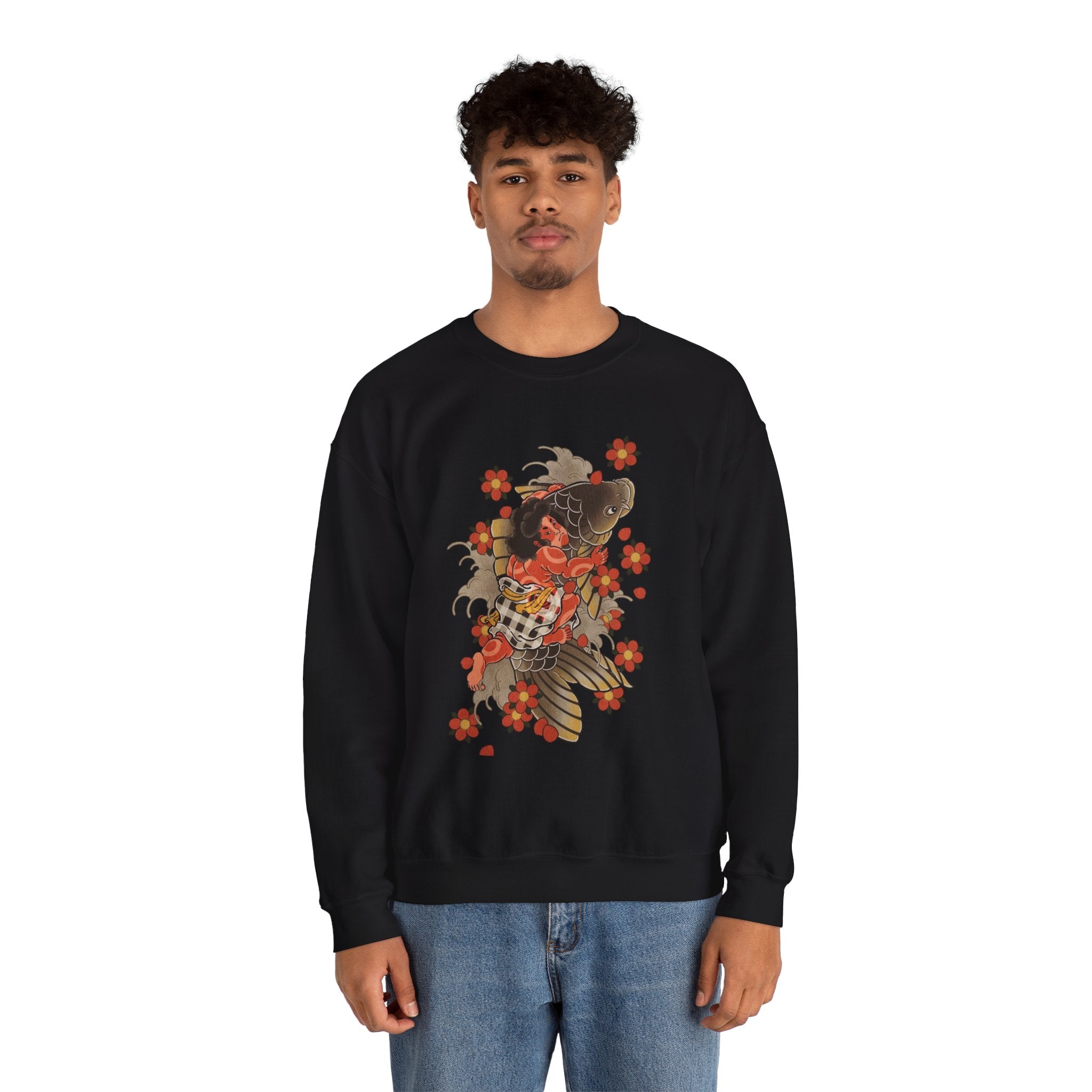 Kintaro The Golden Boy with Koi and Cherry Blossoms Crewneck Sweatshirt