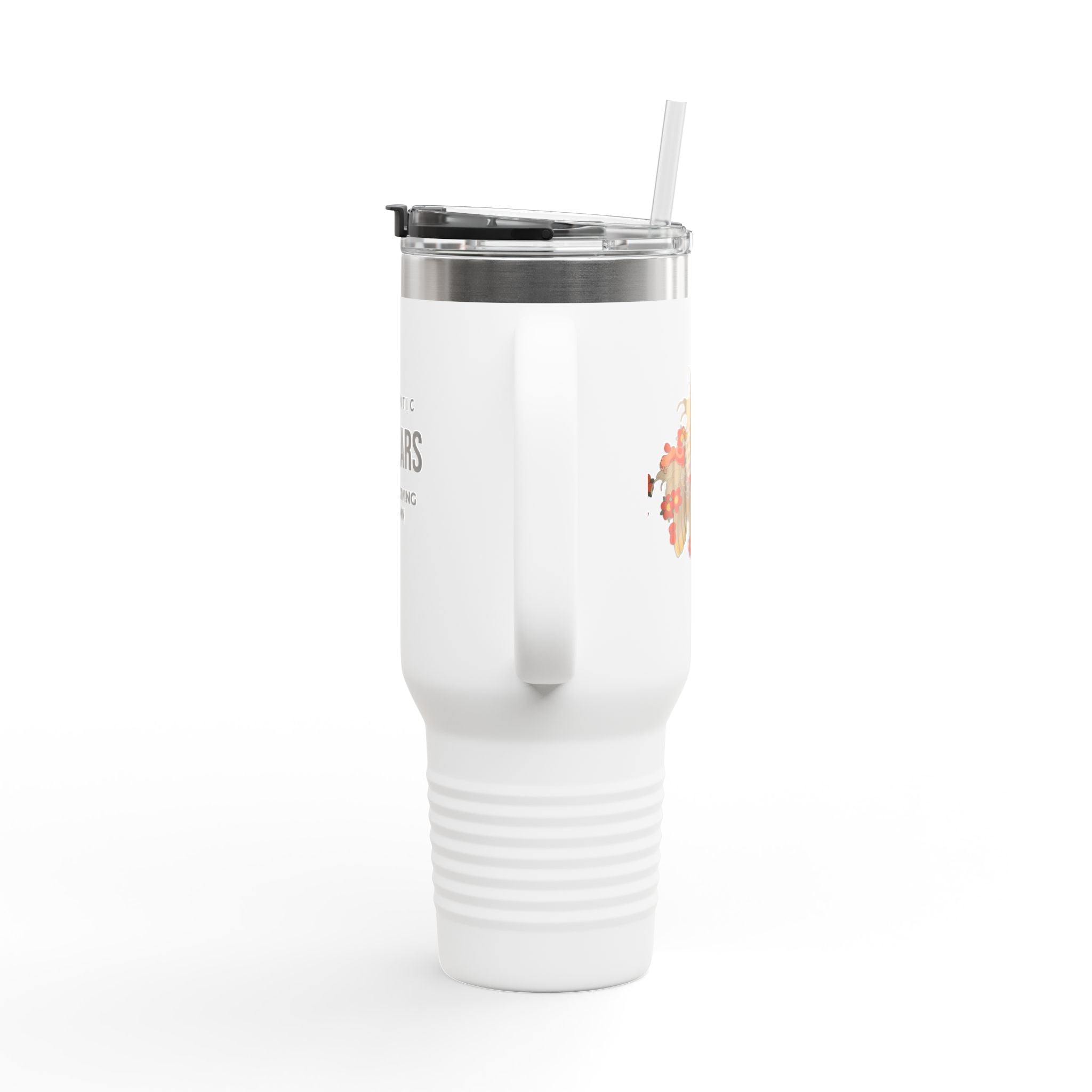 Kintaro with Koi and Cherry Blossoms — 40oz Insulated Travel Mug Tumbler with Handle (Right Handed)