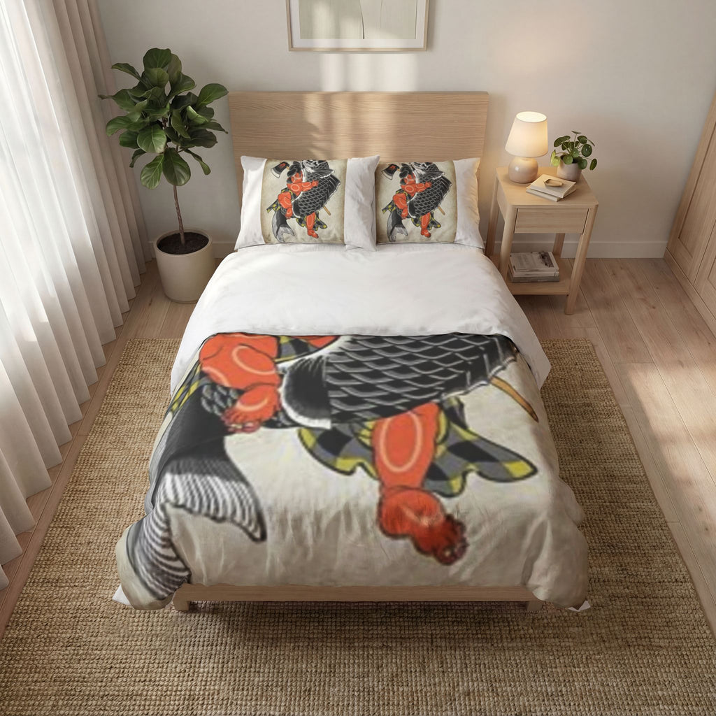 Kintaro and Koi Quilt Cover Set — Japanese Print Style Bedding (3-Piece)