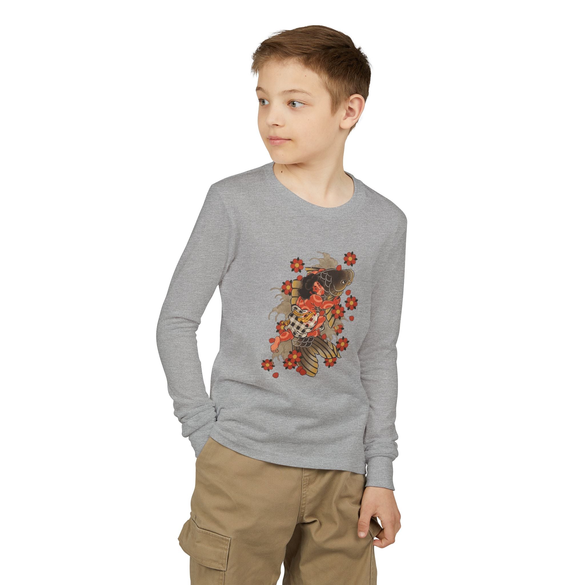 Youth Jersey Long Sleeve Tee with Kintaro and Koi Print