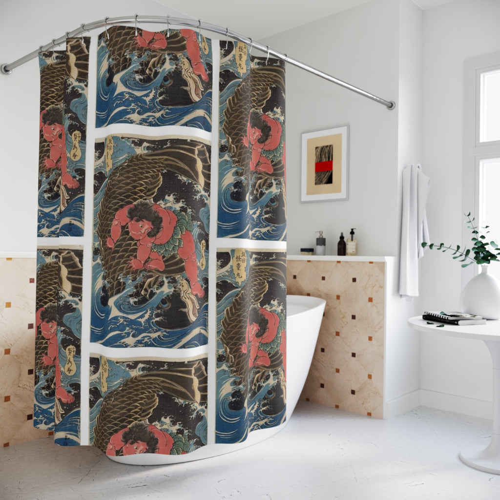 Koi Carp Wave Pattern Shower Curtain | Japanese Fish Bathroom Decor