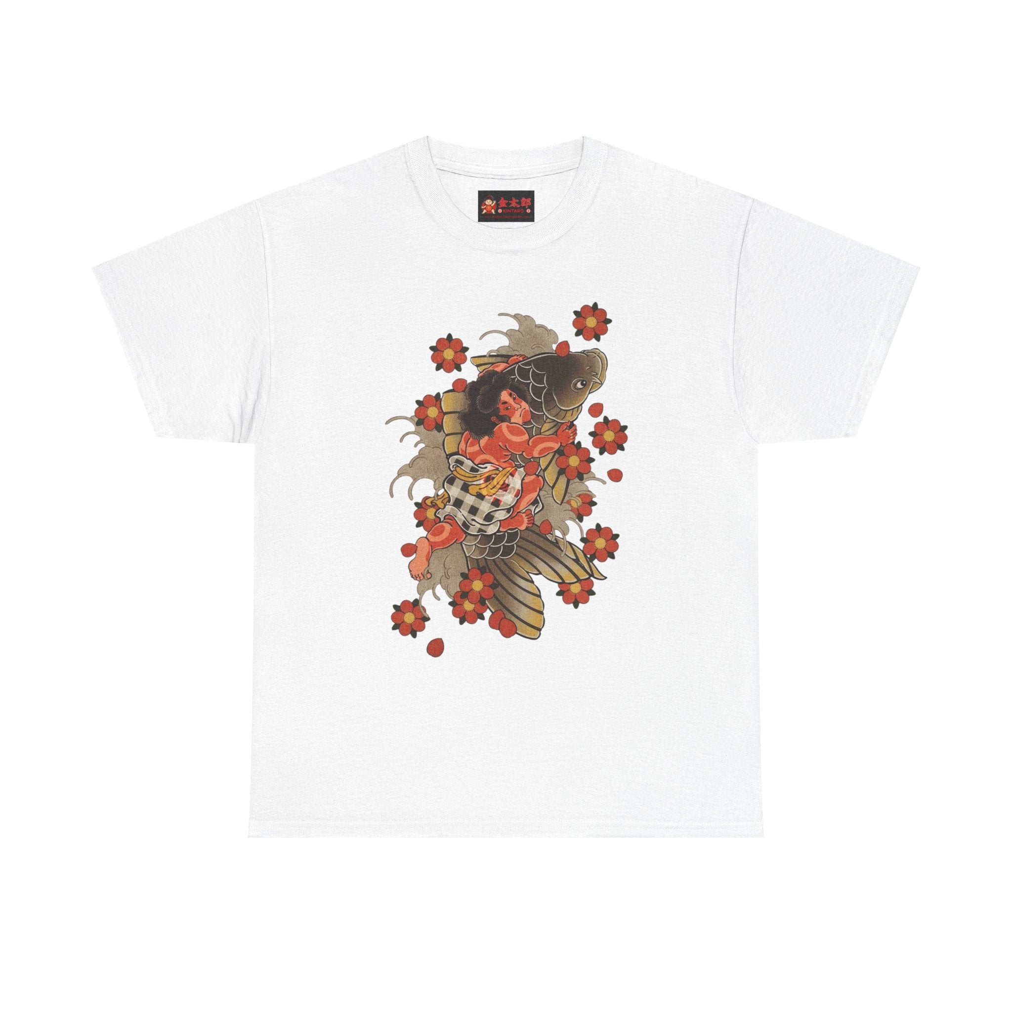 Kintaro The Golden Boy with Koi and Cherry Blossoms Printed T-Shirt