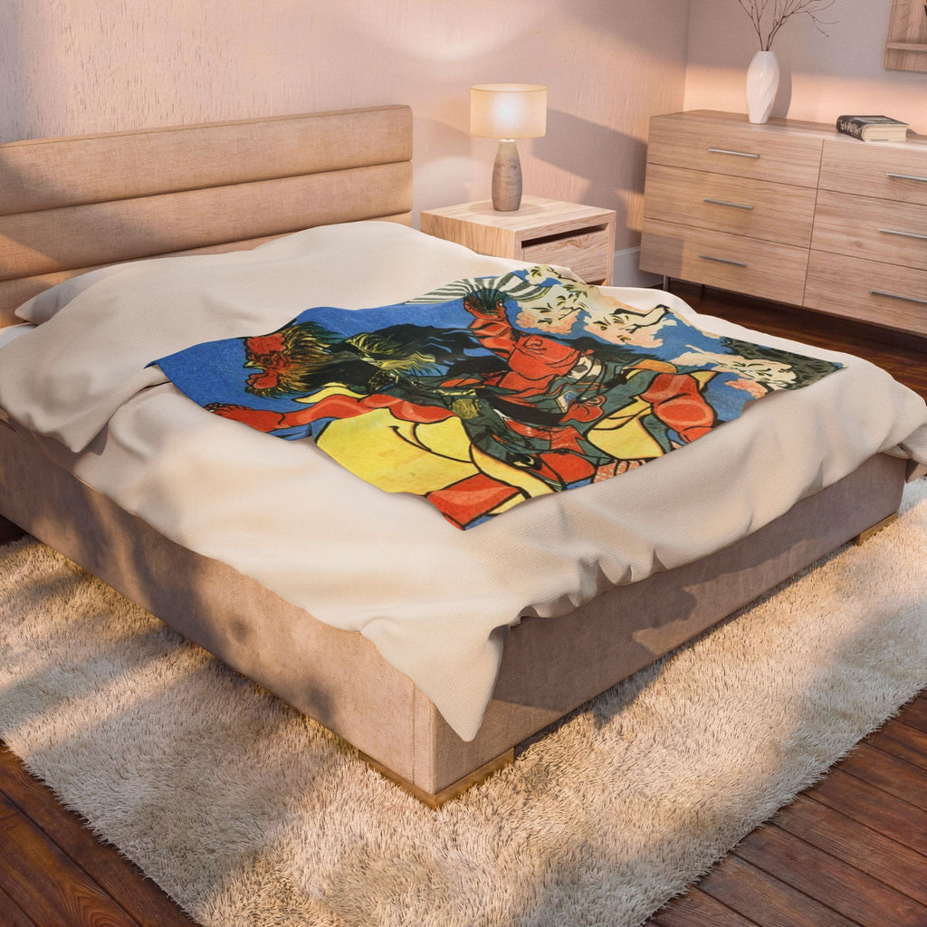 Velveteen Plush Blanket — Japanese Ukiyo-e Kintaro Design, Soft Cozy Throw