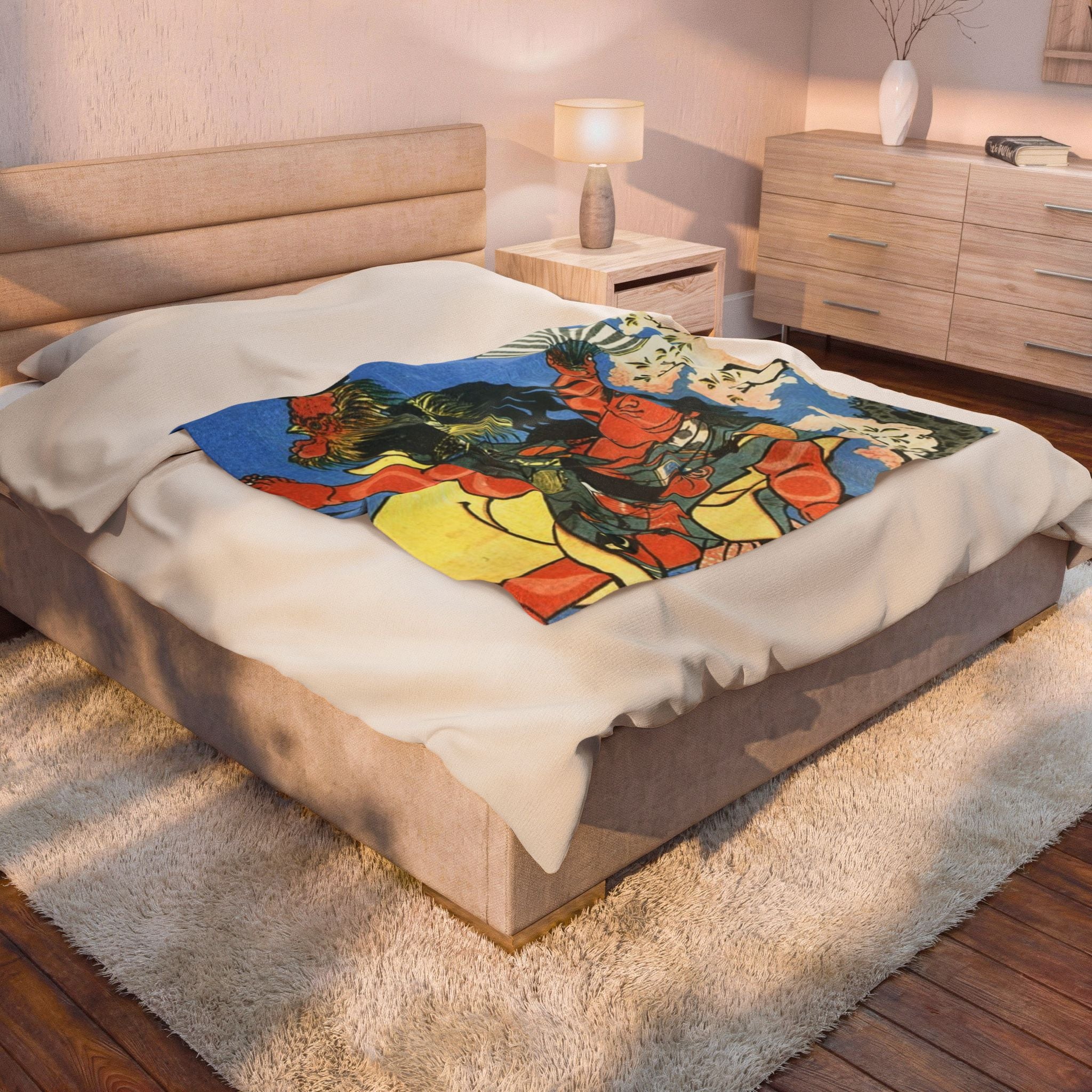 Velveteen Plush Blanket — Japanese Ukiyo-e Kintaro Design, Soft Cozy Throw