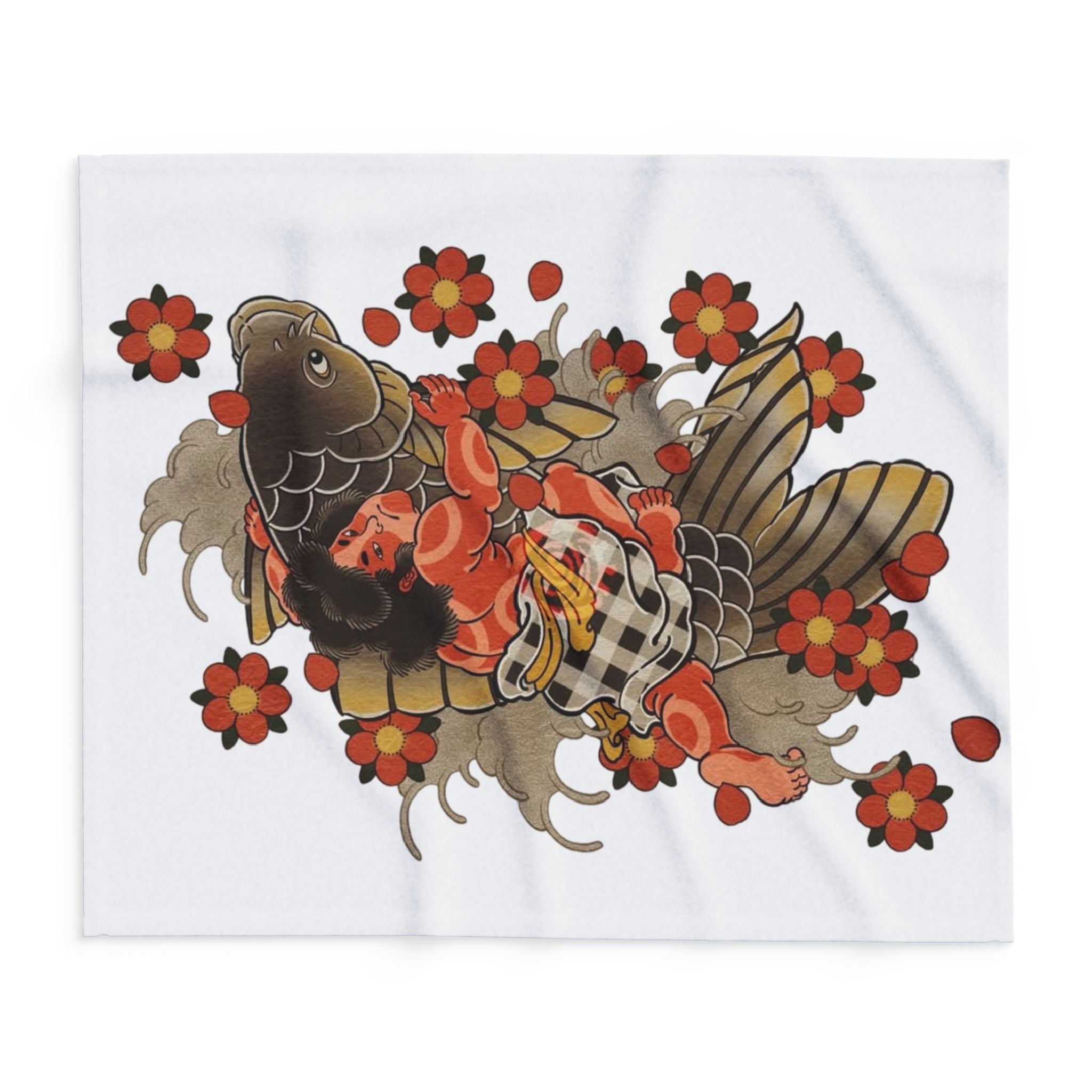Kintaro The Golden Boy on a Koi with Cherry Blossoms Printed on a  Arctic Fleece Blanket