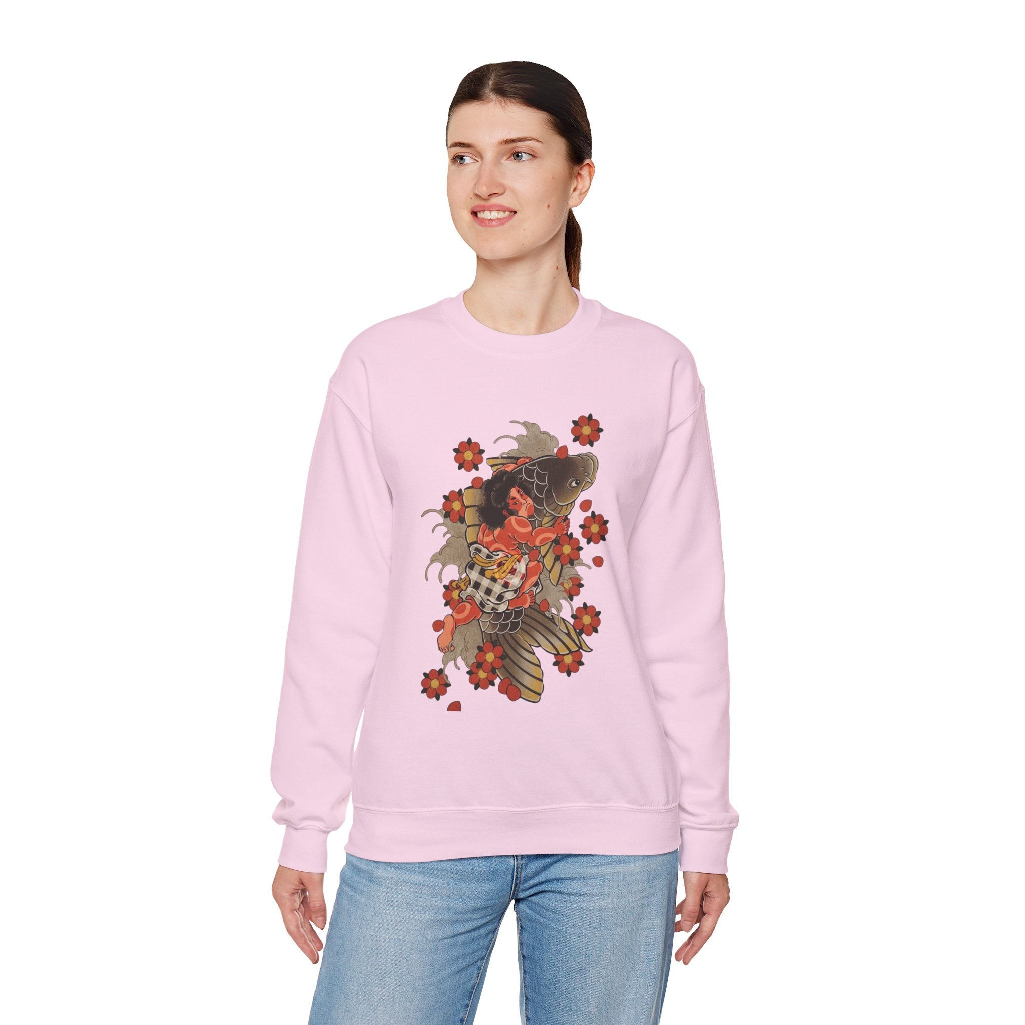 Kintaro The Golden Boy with Koi and Cherry Blossoms Crewneck Sweatshirt