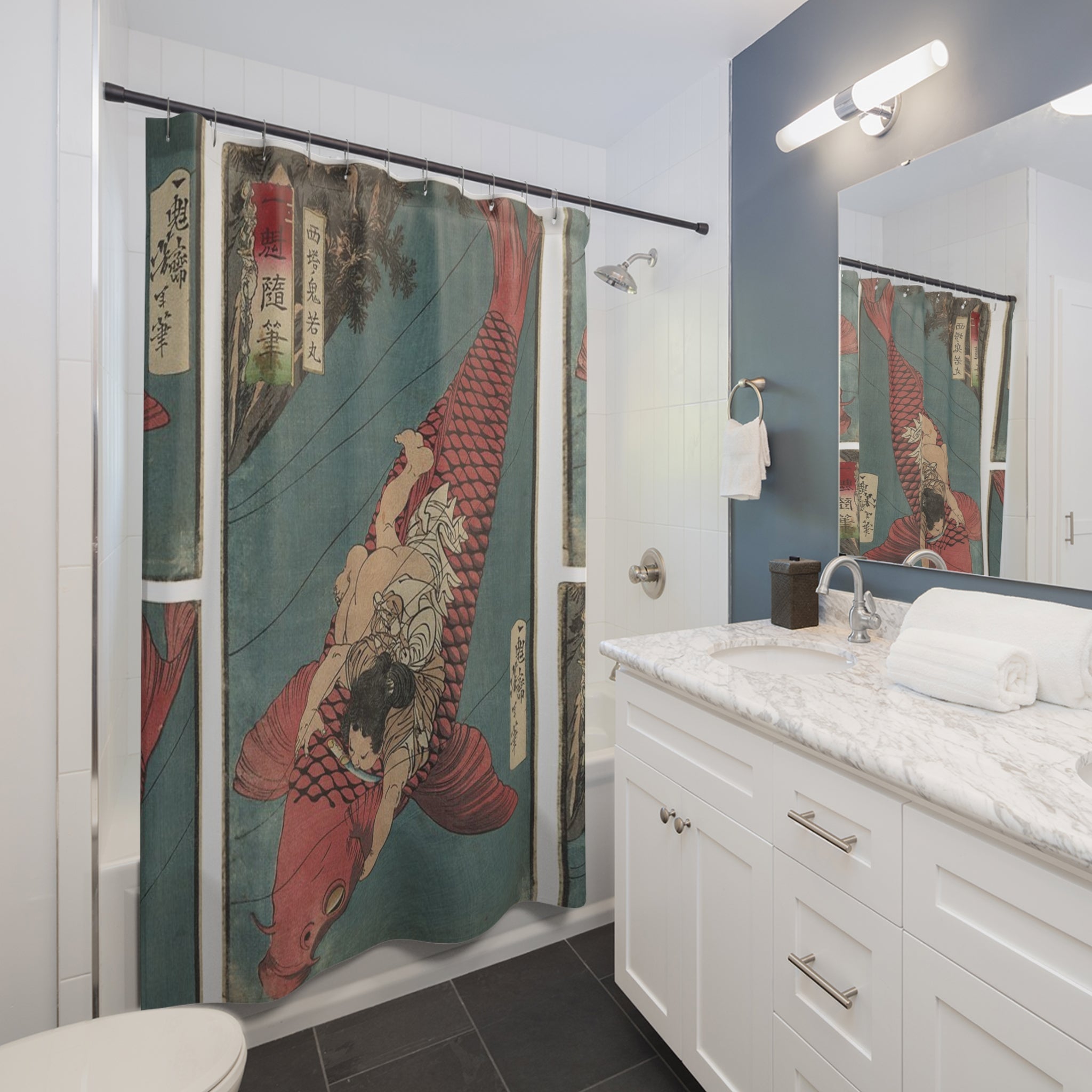Kintaro Riding Red Koi Bathroom Shower Curtain
