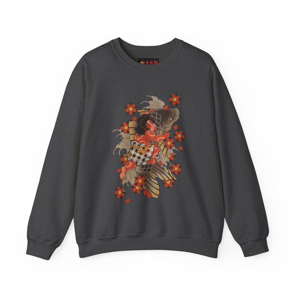 Kintaro The Golden Boy with Koi and Cherry Blossoms Crewneck Sweatshirt
