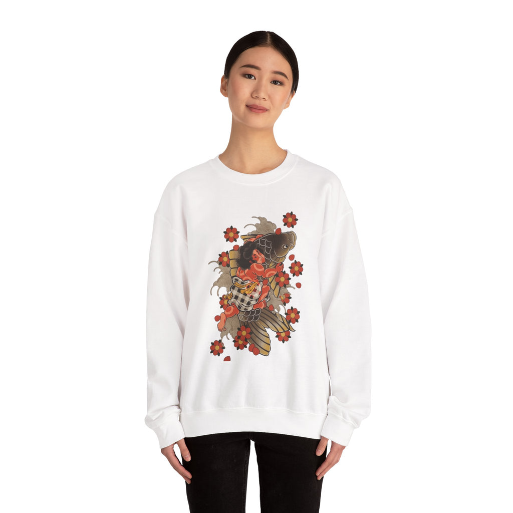 Kintaro The Golden Boy with Koi and Cherry Blossoms Crewneck Sweatshirt