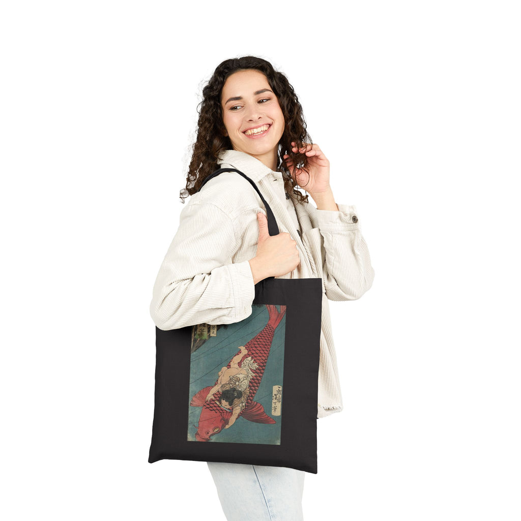 Kintaro Riding Red Koi on Black Canvas Tote Bag
