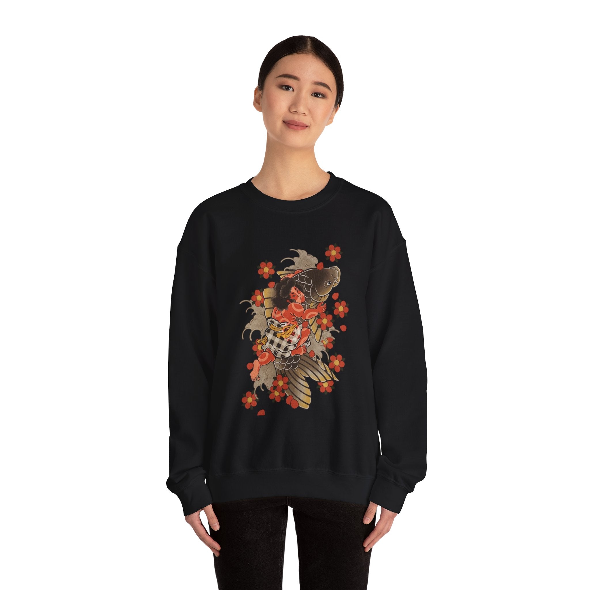Kintaro The Golden Boy with Koi and Cherry Blossoms Crewneck Sweatshirt