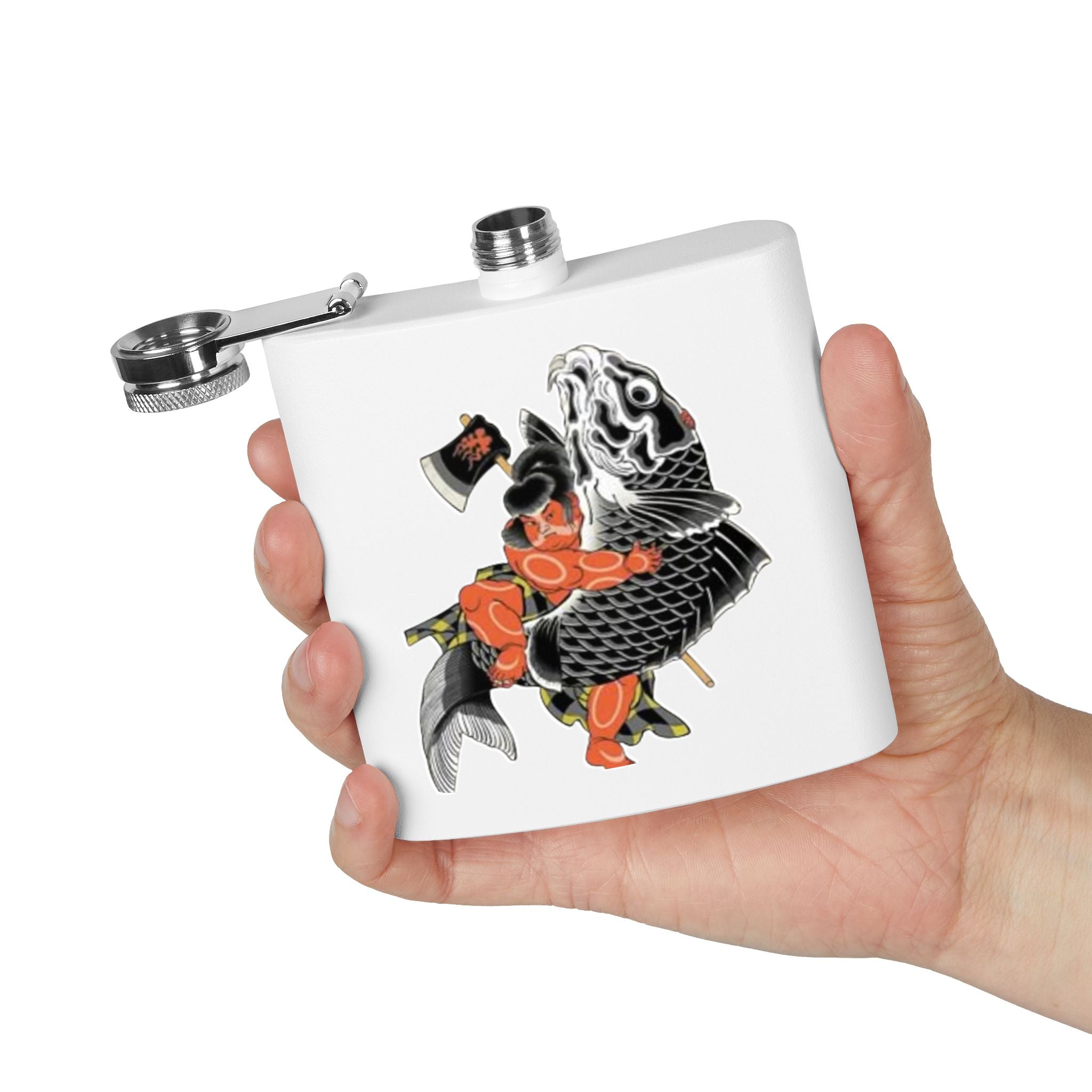 Kintaro with Koi and Axe on a Stainless Steel Flask, 6oz