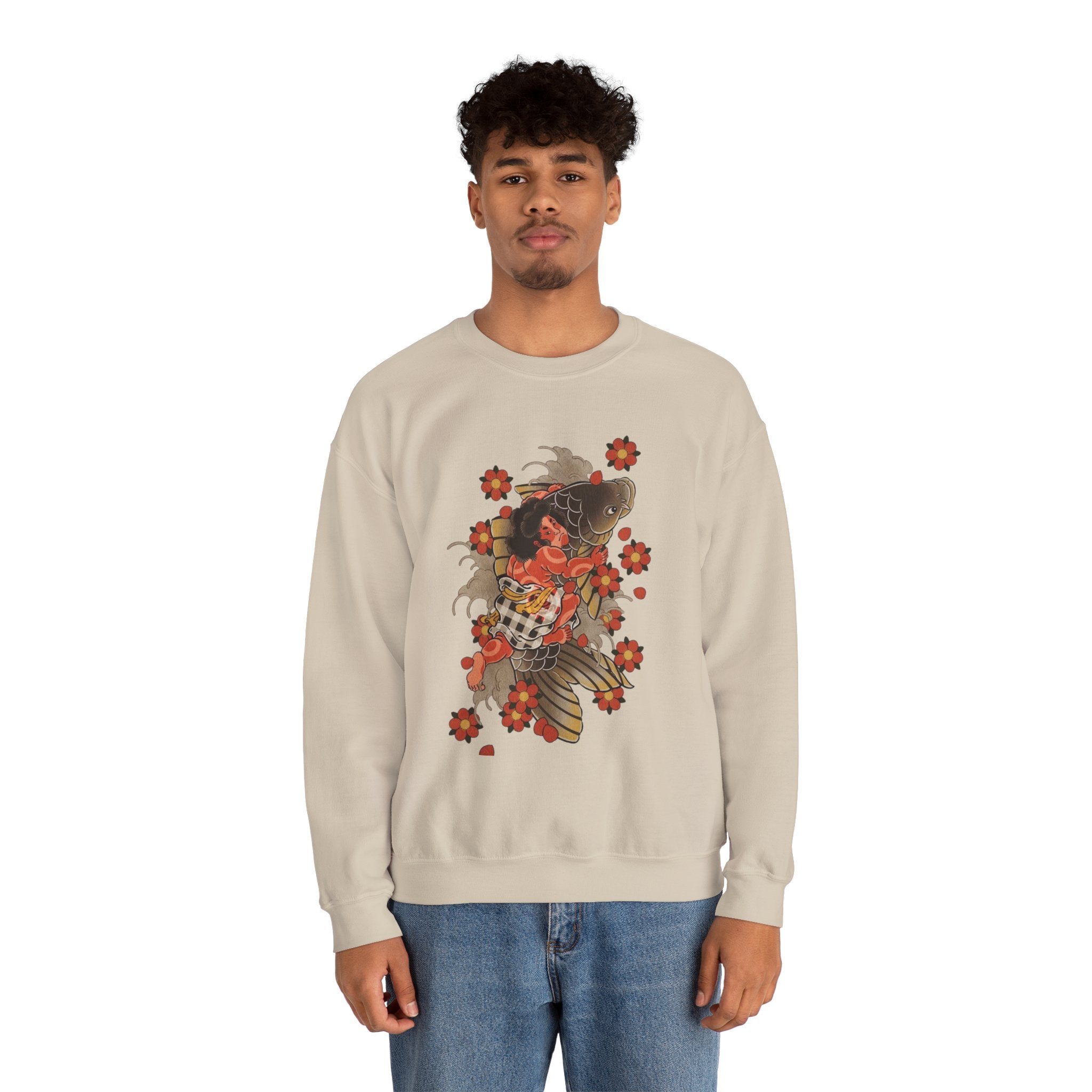 Kintaro The Golden Boy with Koi and Cherry Blossoms Crewneck Sweatshirt