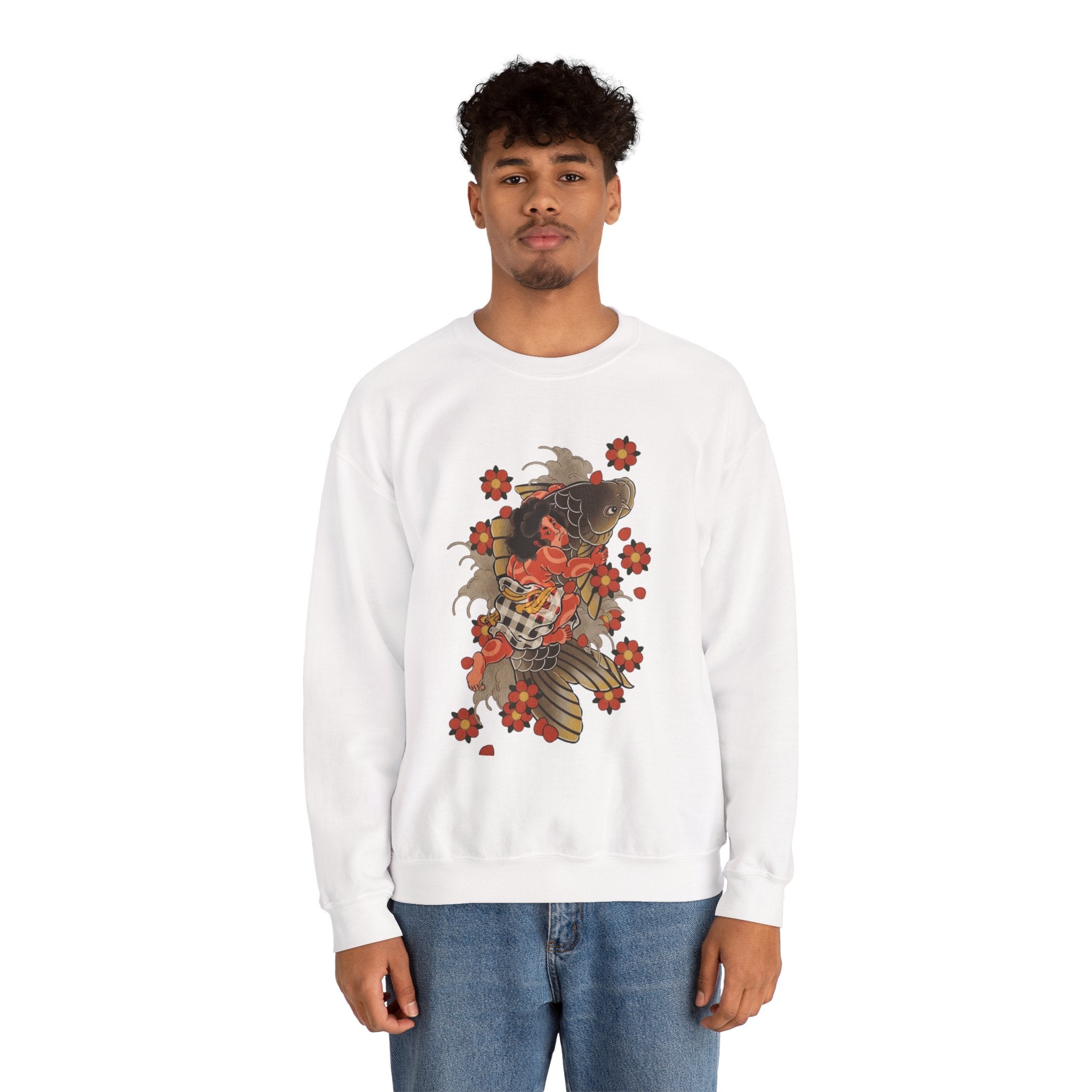 Kintaro The Golden Boy with Koi and Cherry Blossoms Crewneck Sweatshirt