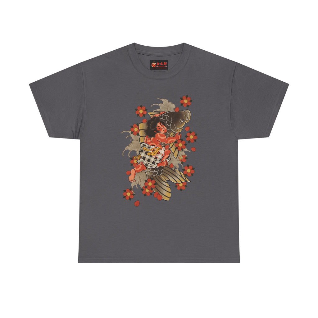 Kintaro The Golden Boy with Koi and Cherry Blossoms Printed T-Shirt