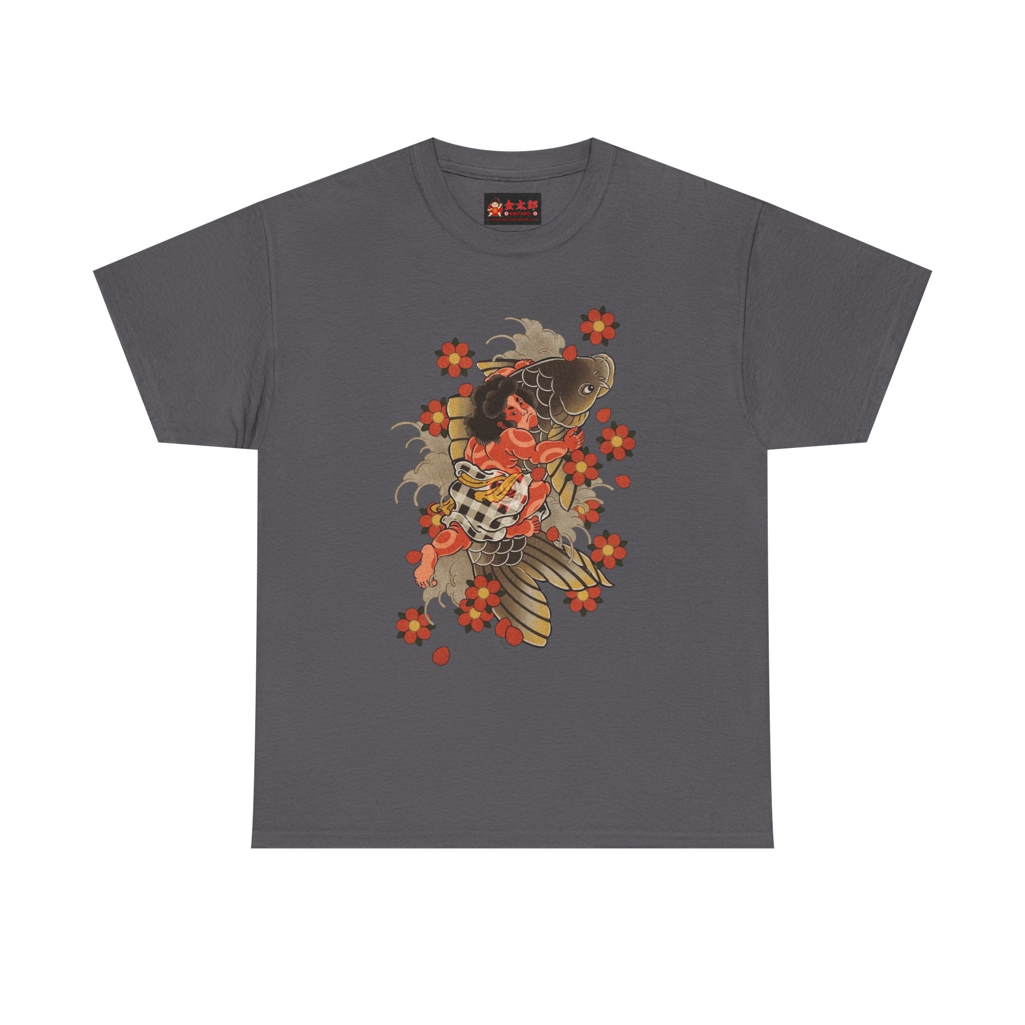 Kintaro The Golden Boy with Koi and Cherry Blossoms Printed T-Shirt