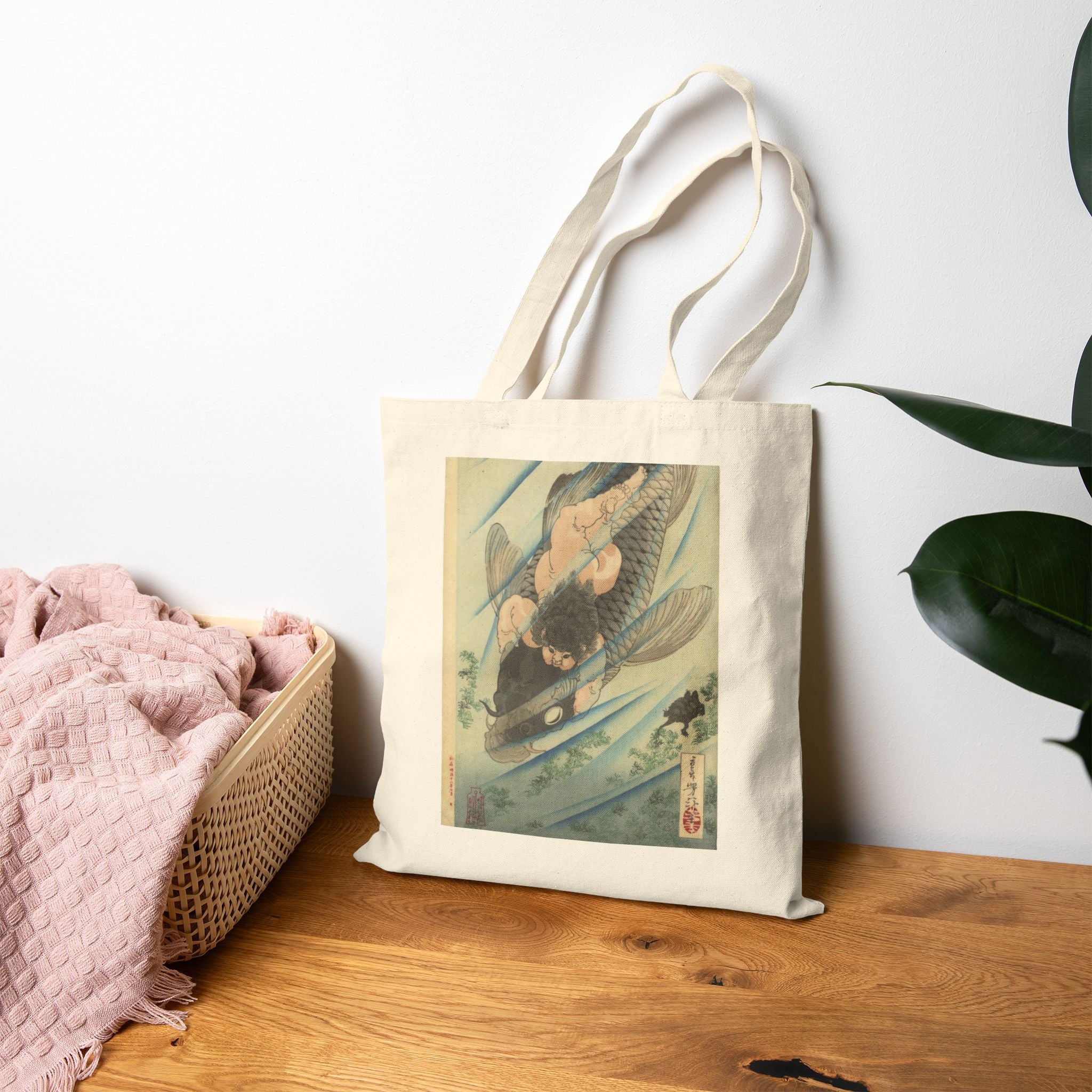 Kintaro Riding Koi Print Canvas Tote